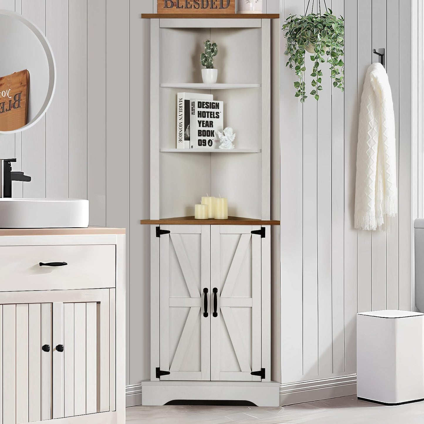 4 EVER WINNER Tall Corner Cabinet with Barn Door and Adjustable Shelves, 5-Tier Corner Shelves for Small Space, Living Room, Hallway, Bathroom, White