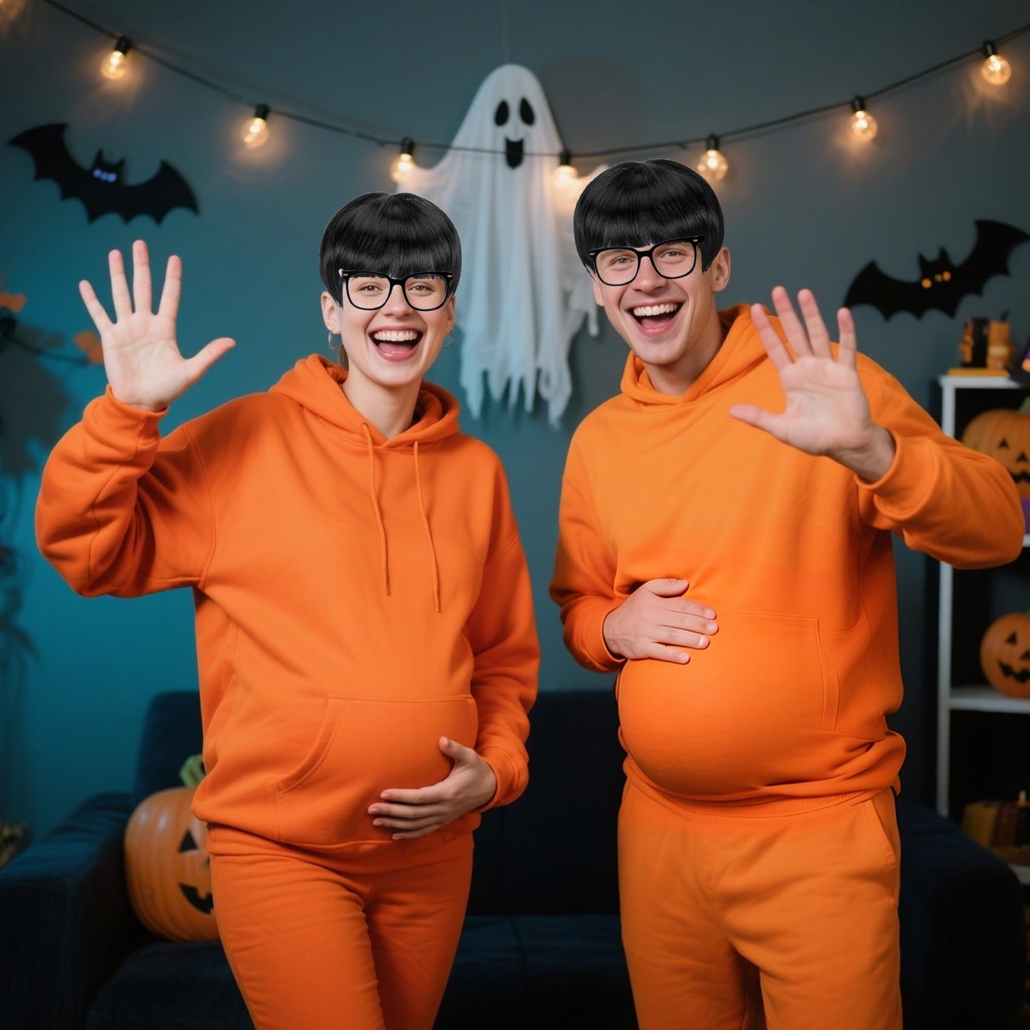 Wehhbtye 9 Pcs Halloween Criminal Costume Accessories, Mushroom Cut Wig and Black Frame Glasses, Inflatable Fake Belly Cosplay for Halloween Theme Party Role Play (NOT Include Orange Jumpsuit)