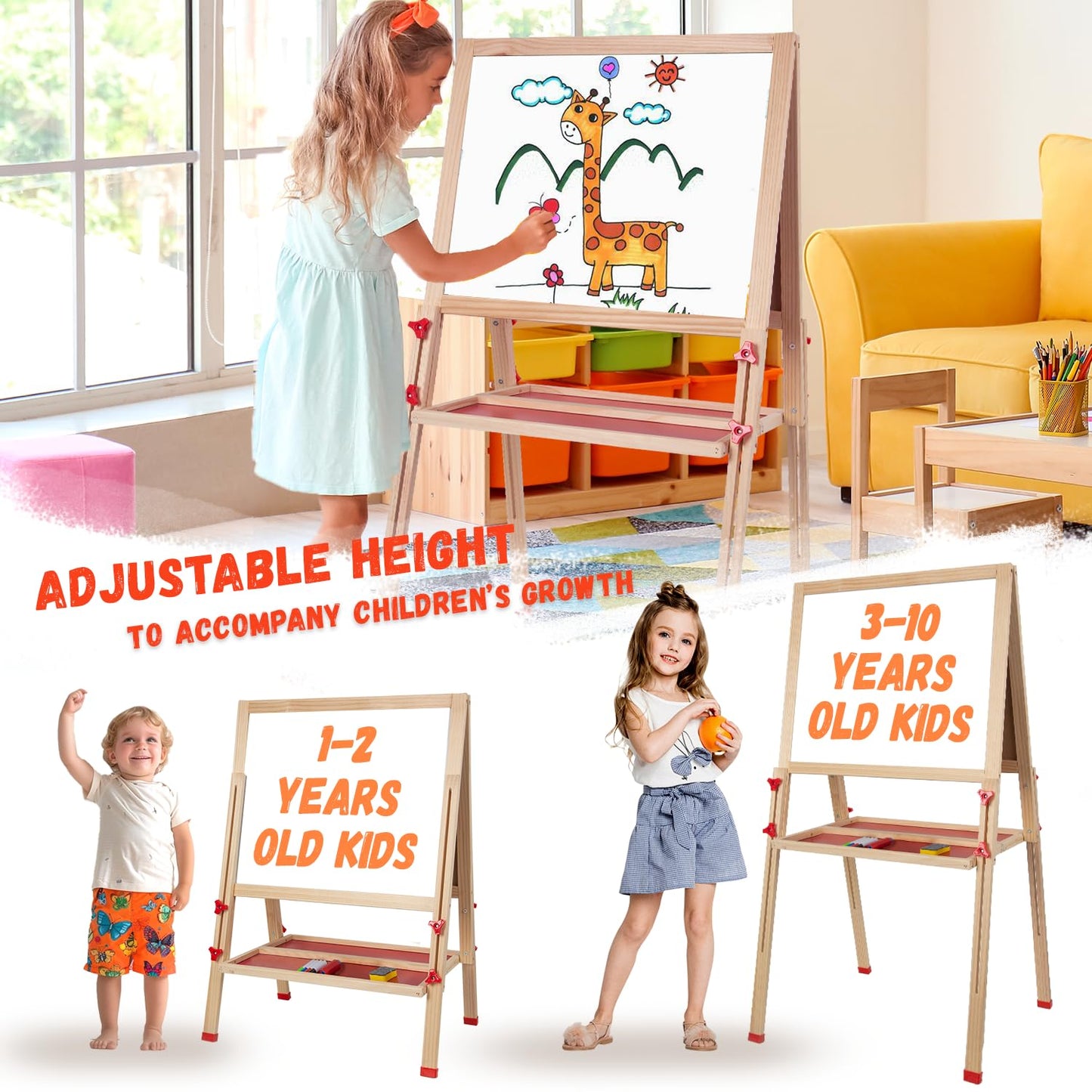 Wooden Art Easel for Kids, Double Sided Foldable Easels for Toddlers 3,4,5,6,7,8,9,10 Years,Adjustable Standing Kids Easel with Accessories, Perfect Painting Gifts for Boys&Girls