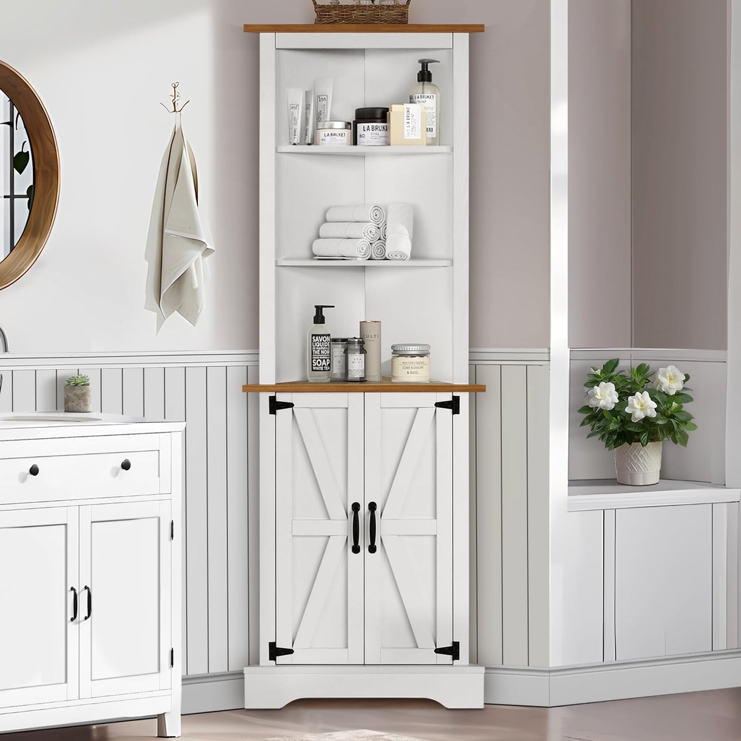 4 EVER WINNER Tall Corner Cabinet with Barn Door and Adjustable Shelves, 5-Tier Corner Shelves for Small Space, Living Room, Hallway, Bathroom, White