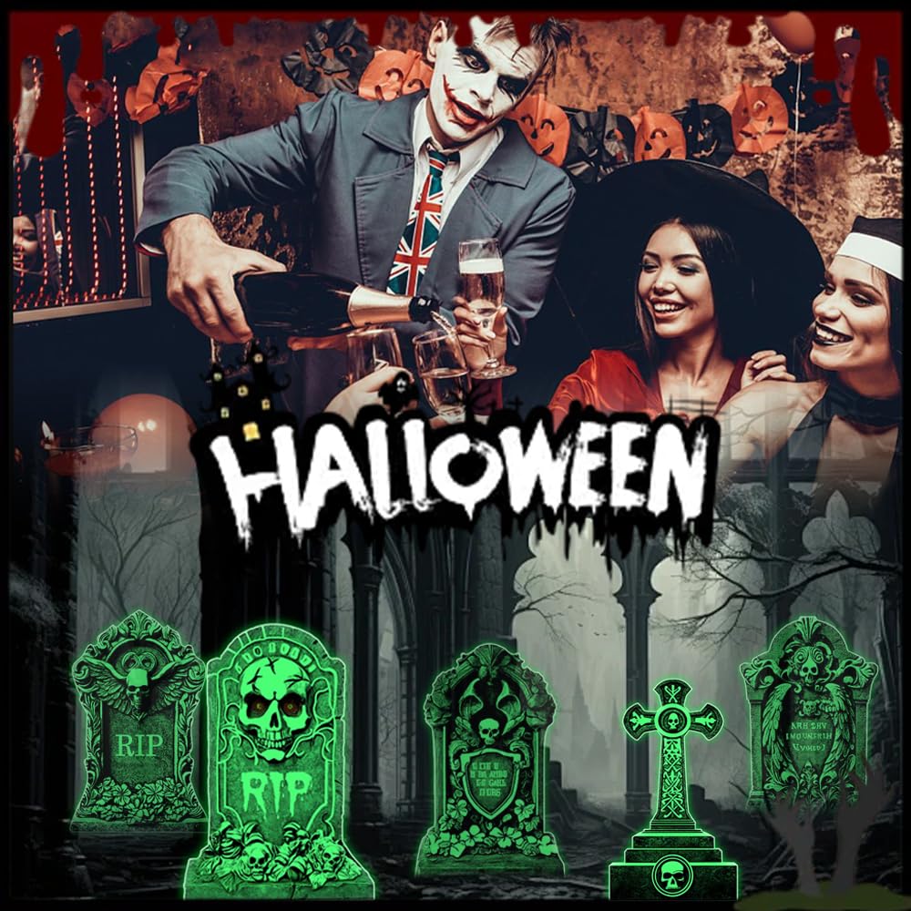 2025new Halloween Tombstone Decorations Outdoor - Set of 6 Glow in The Dark Spooky Graveyard Signs, Haunted House Party & Front Yard Decor, Durable Night-Activated Yard Decor