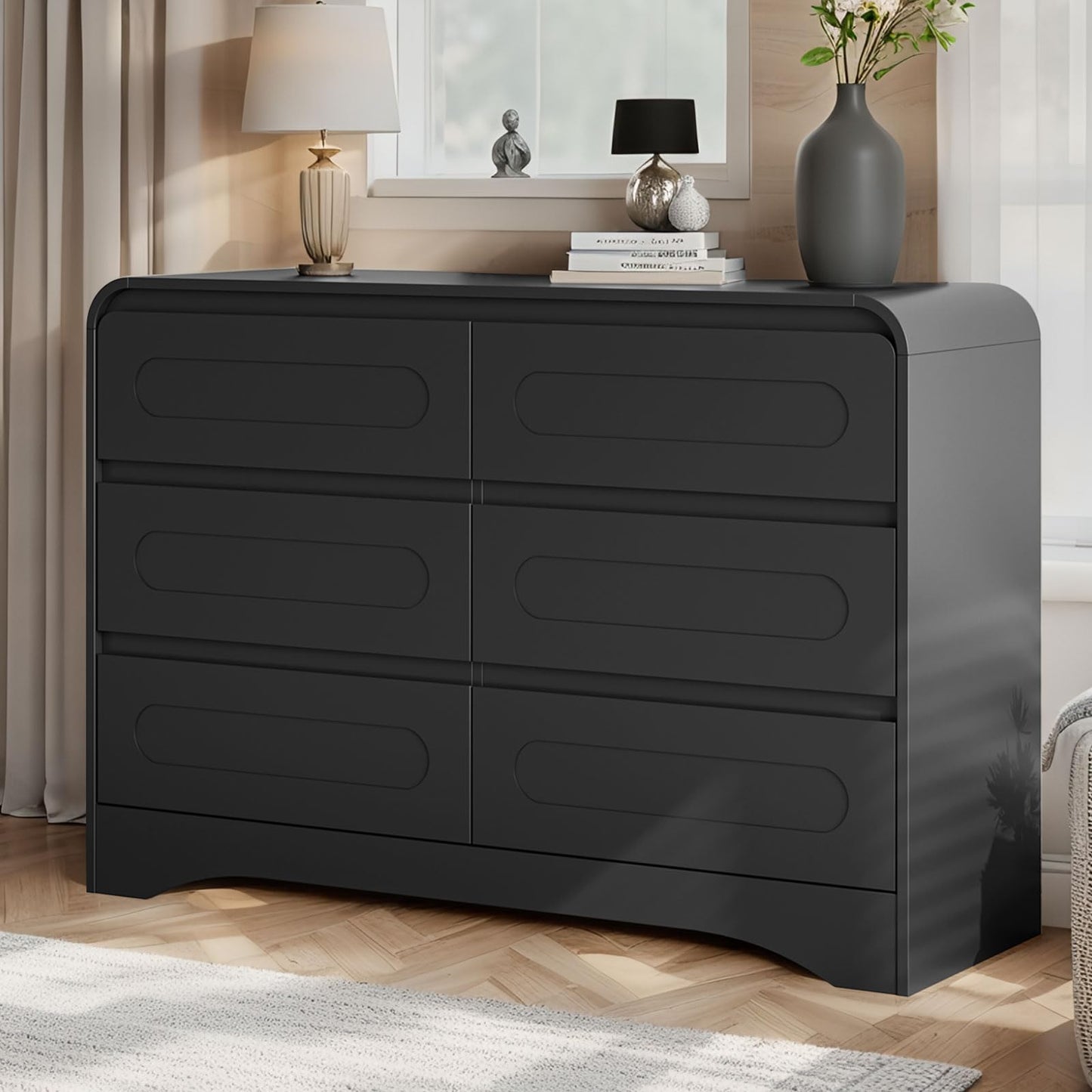 3 Pcs Bedroom Set, Modern Bedroom Furniture Set, Wood 6 Drawer Dresser and 2 Drawer Nightstand Set of 2, Chest of Drawers Wide Storage Organizer Cabinet Set, Black