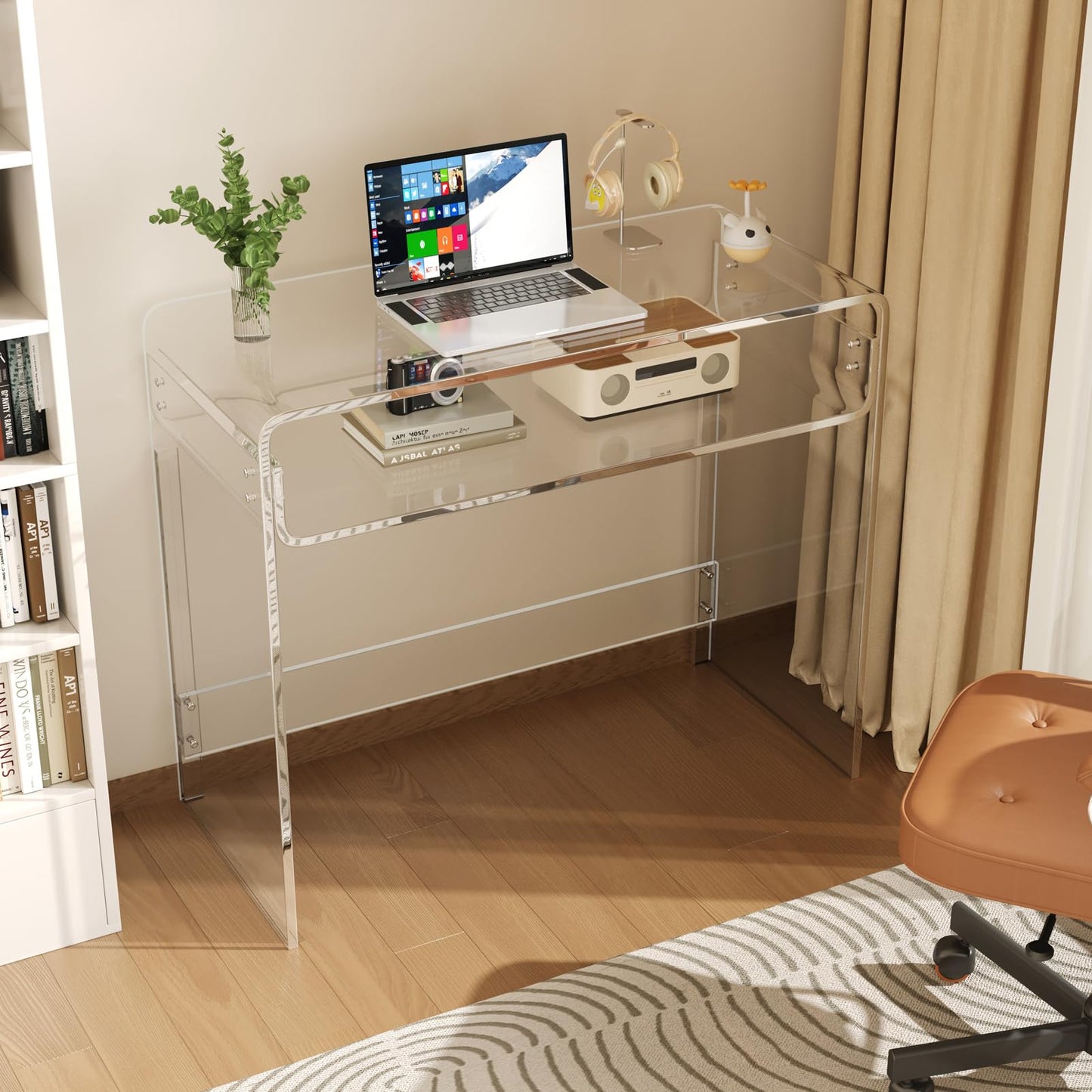 XOHYW Acrylic Office Desk, Modern Laptop Writing Study Table with Open Storage, Transparent Console Table Entryway Table, 33.5" L x 15.8" W x 29.5" H, for Home, Bedroom (Clear)