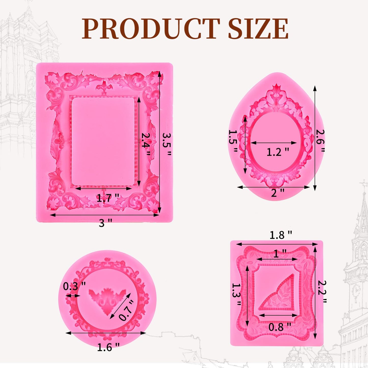 4 Pcs Photo Frame Silicone Molds, Fondant Sugar Mold Chocolate Candy Molds for Cupcake Topper, Donut Cake Puck Decoration and Clay Craft Making