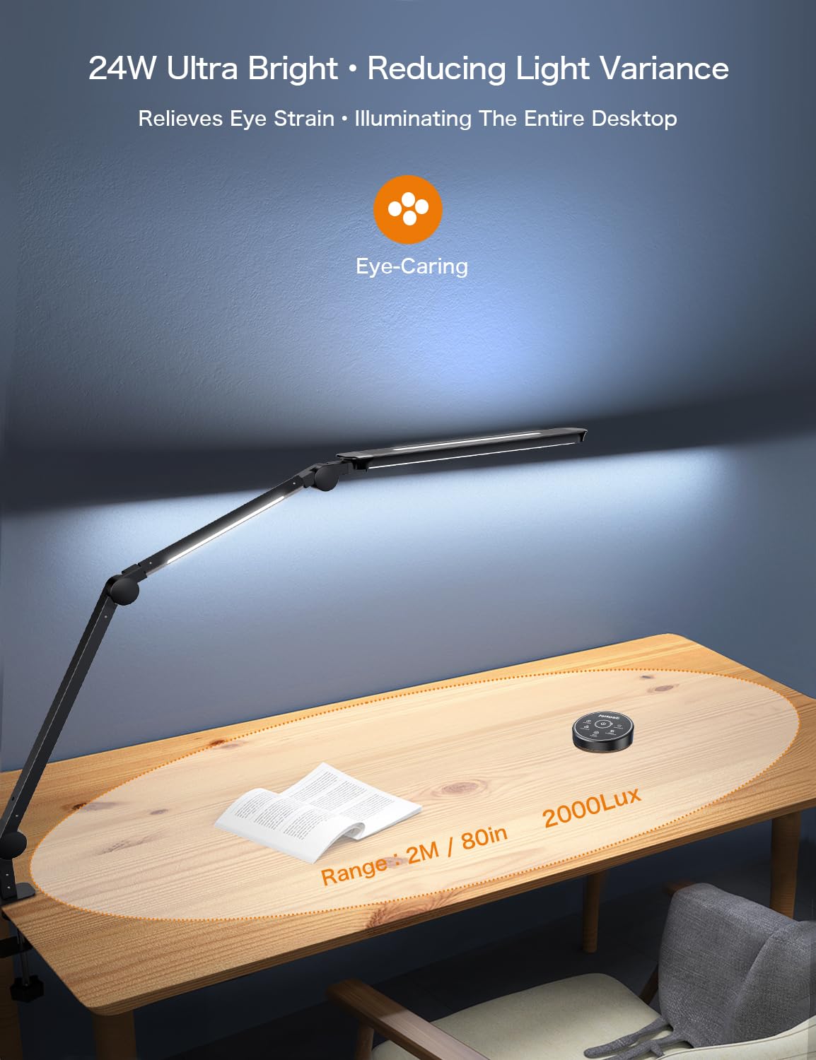 24W Ultra Bright LED Desk Lamp with Remote Control, Three Light Sources, Ajustable Atmosphere Lighting, Flexible Swing Arm, 4 Color Modes & 4 Brightness, Architect Desk Lamp with Clamp for Home Office