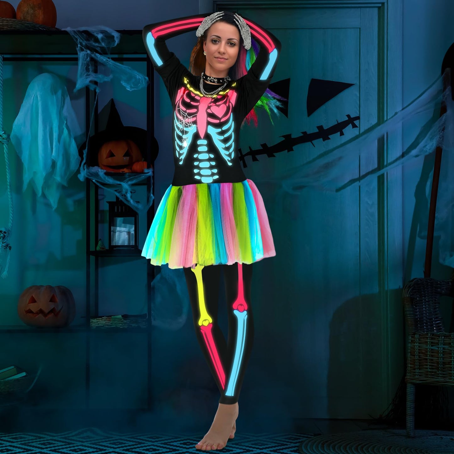 13 Pcs Halloween Glow in The Dark Skeleton Costume for Women Adult Set Funky Punk Bones Colorful Tutu Dress Hairpiece(M)