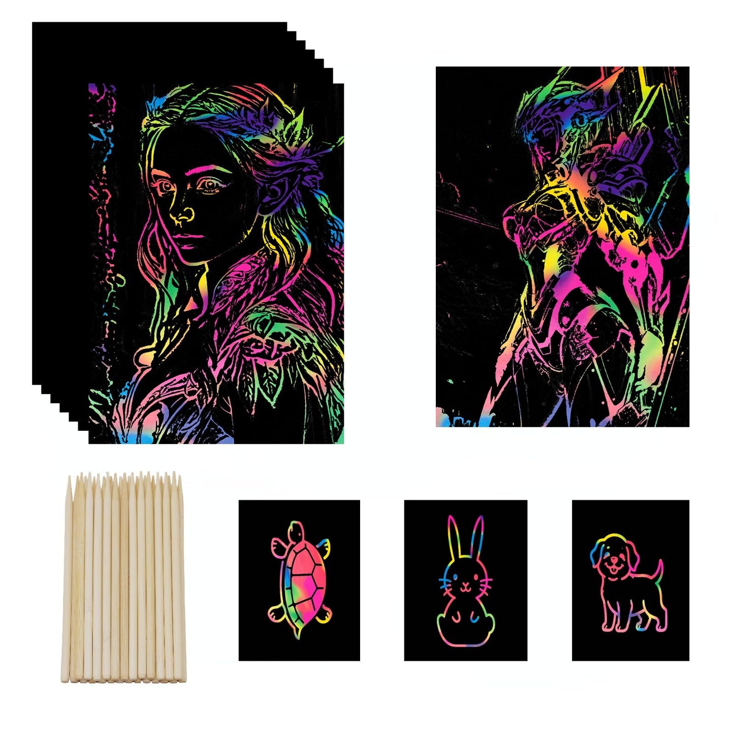 wiwbbitl Rainbow Scratch Paper Bulk - 100 Rainbow Scratch Art Sheets(5"x7.3") with 26 Bamboo Stylus Pens - Mess Free Arts for Kids and Crafts Supplies for Classroom, Party, Travel, Stress Relief