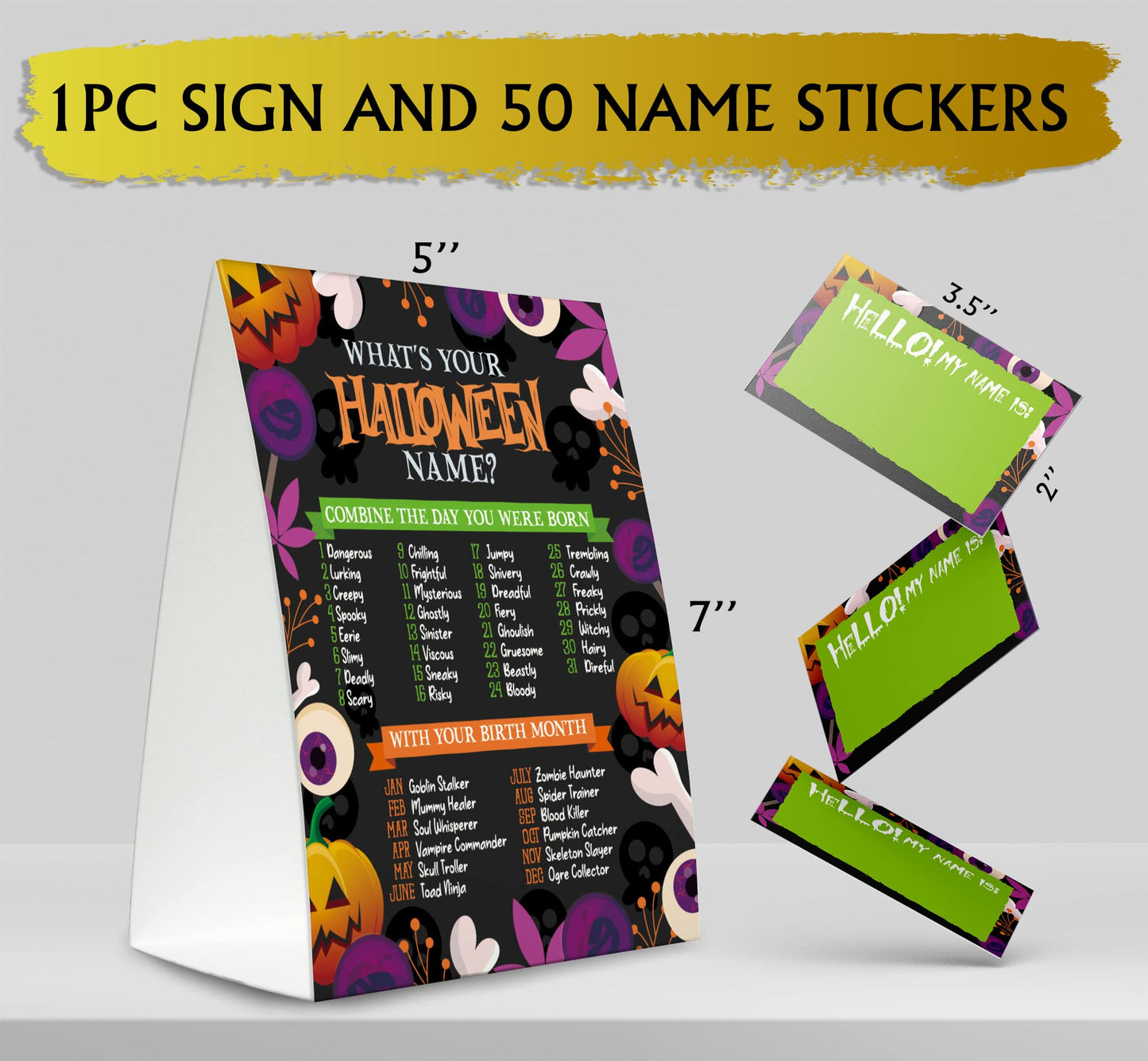 What's Your Halloween Name Game (1 Standing Sign + 50 Name Sticker Cards), Halloween Birthday Party Decorations, Halloween Party Game, Halloween Sign - MGJ10