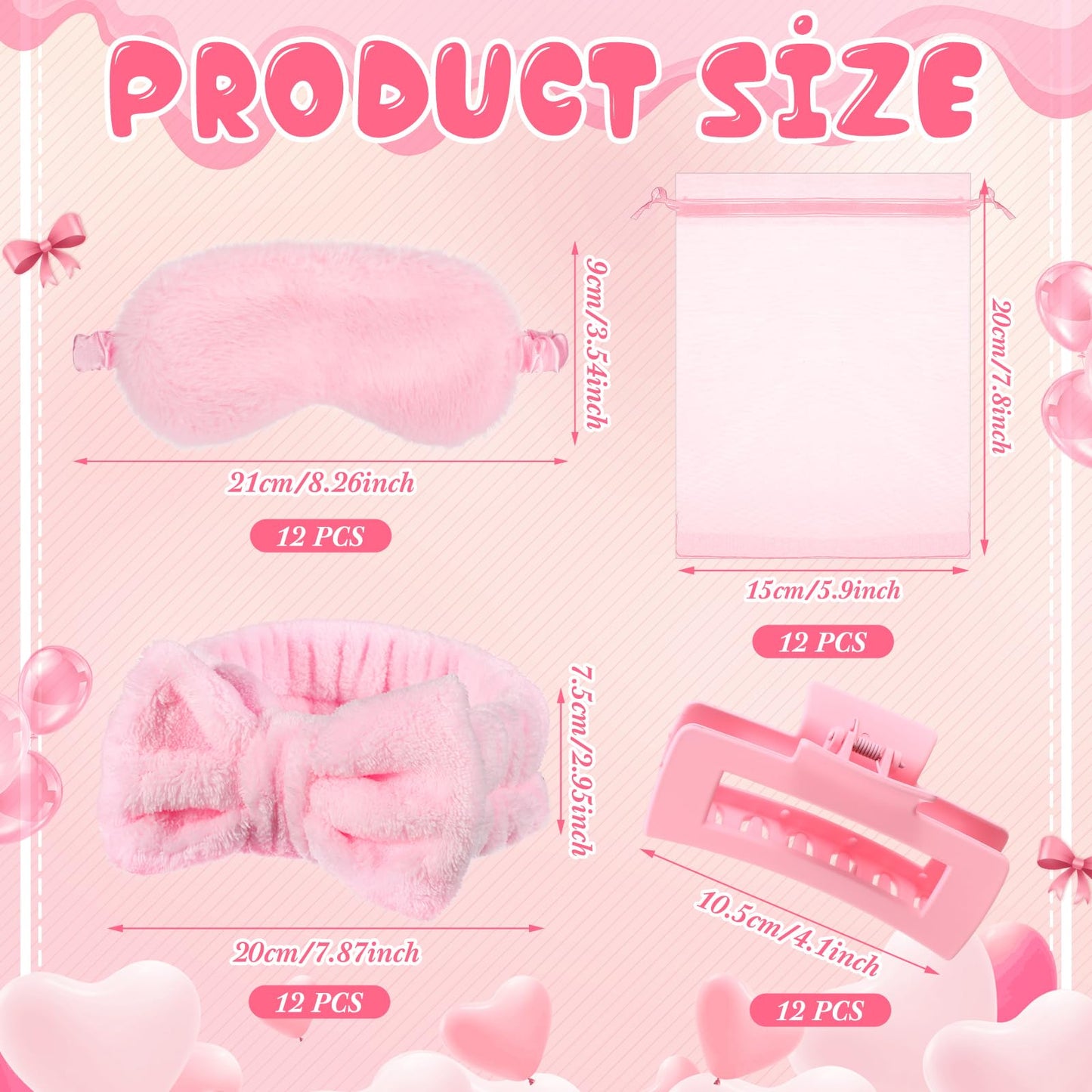 Wavyknot 48 Pcs Spa Party Supplies Sleep over Essentials 12 Pink Spa Headband 12 Pink Plush Sleep Eye Mask 12 Claw Clips 12 Organza Bags for Slumber Party Gift
