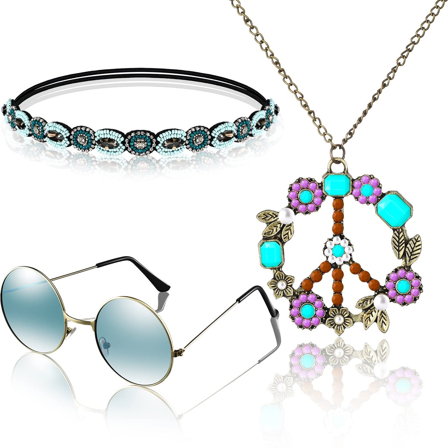 WILLBOND 60s 70s Accessories for Women Hippie Costume Accessories Peace Sign Necklace Headband Hair Wreath Sunglasses (Elegant Style)