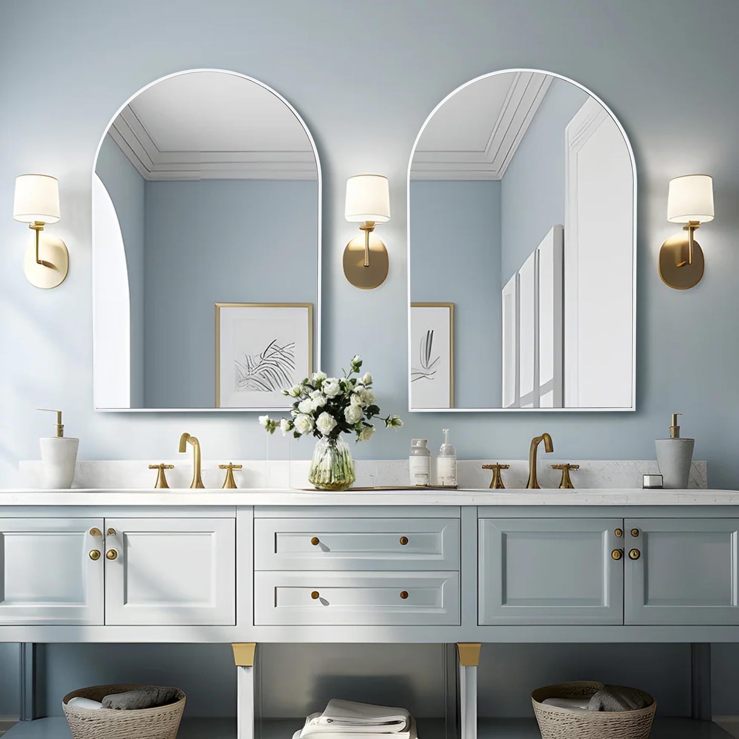 White Arched Wall Mirror 24 x 36 Inch, Modern White Wood Framed Arch Bathroom Mirror with Tempered Glass for Bathroom, Bedroom or Entryway