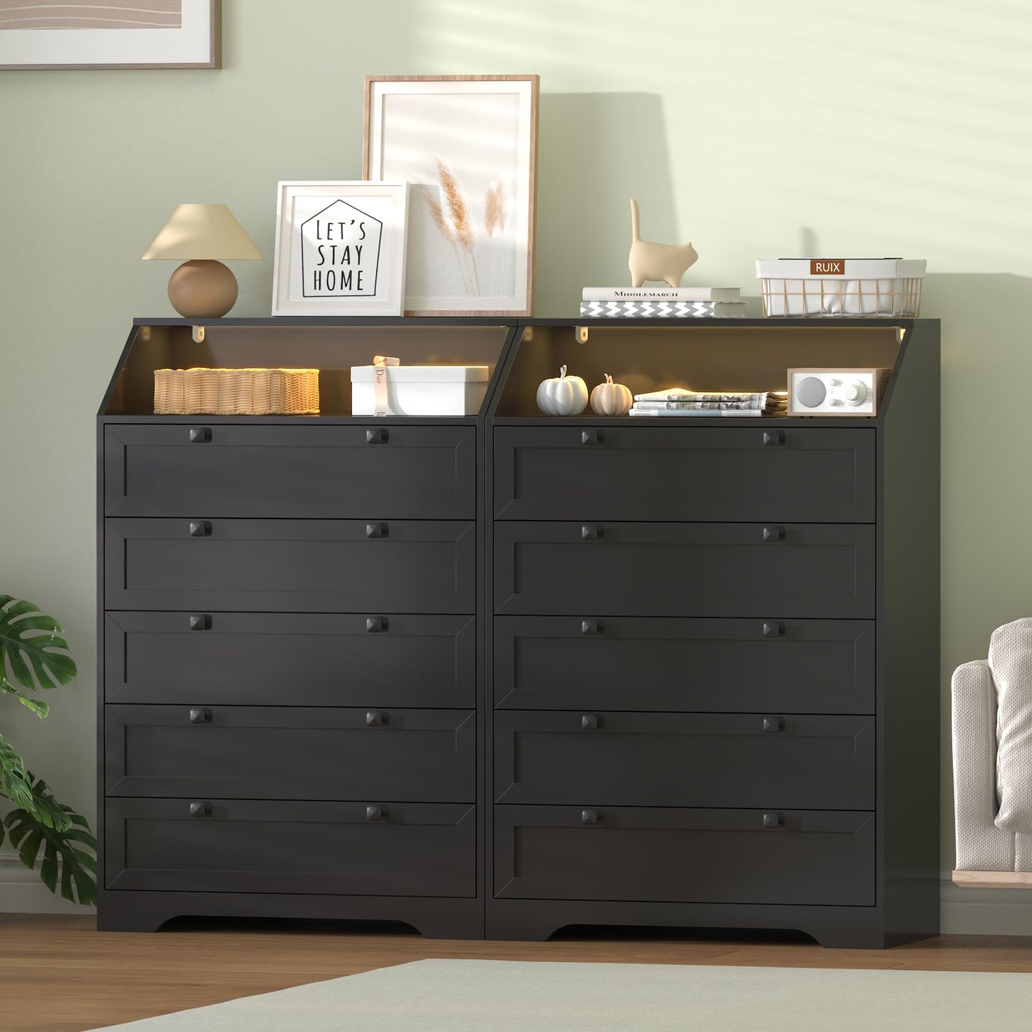 Wodeer Black Dresser Tall 5 Drawer Dresser for Bedroom, Wood Chest of Drawers with LED Lights, Charging Station, Metal Handles, Modern Storage Cabinet and Organizer Drawers for Living Room, Hallway