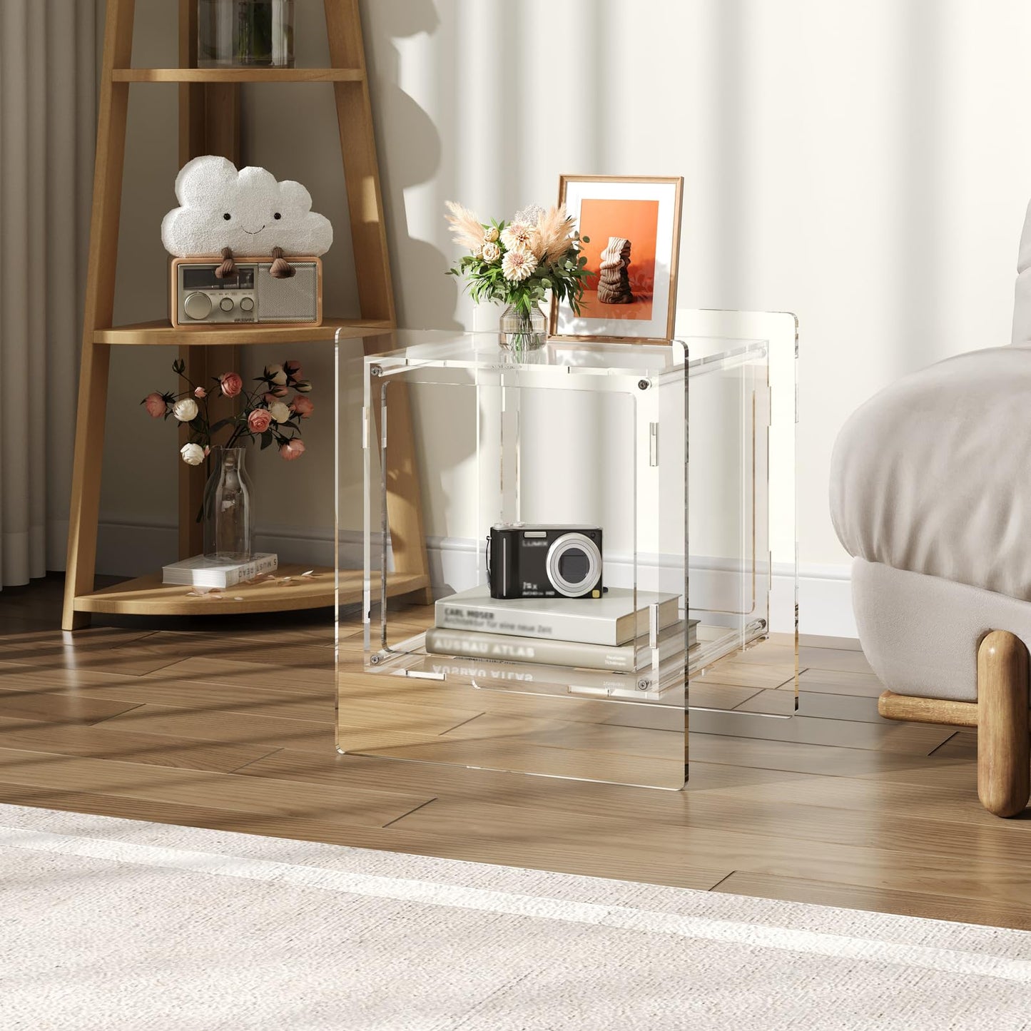 XOHYW Acrylic End Table, Side Table Nightstand with Open Storage Shelf, 2-Tier Bedside Table Home Decor Display for Bedroom, Living Room, Office (1, Clear)