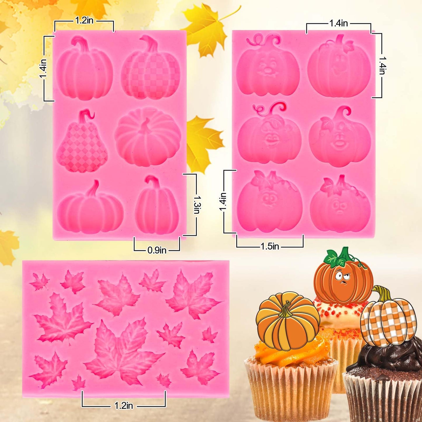 Whaline 3 Packs Fall Thanksgiving Fondant Molds Pumpkin Maple Leaves Silicone Molds Autumn Chocolate Candy Mould for Kitchen Party Baking Sugar Craft Gum Resin Clay Decor Supplies
