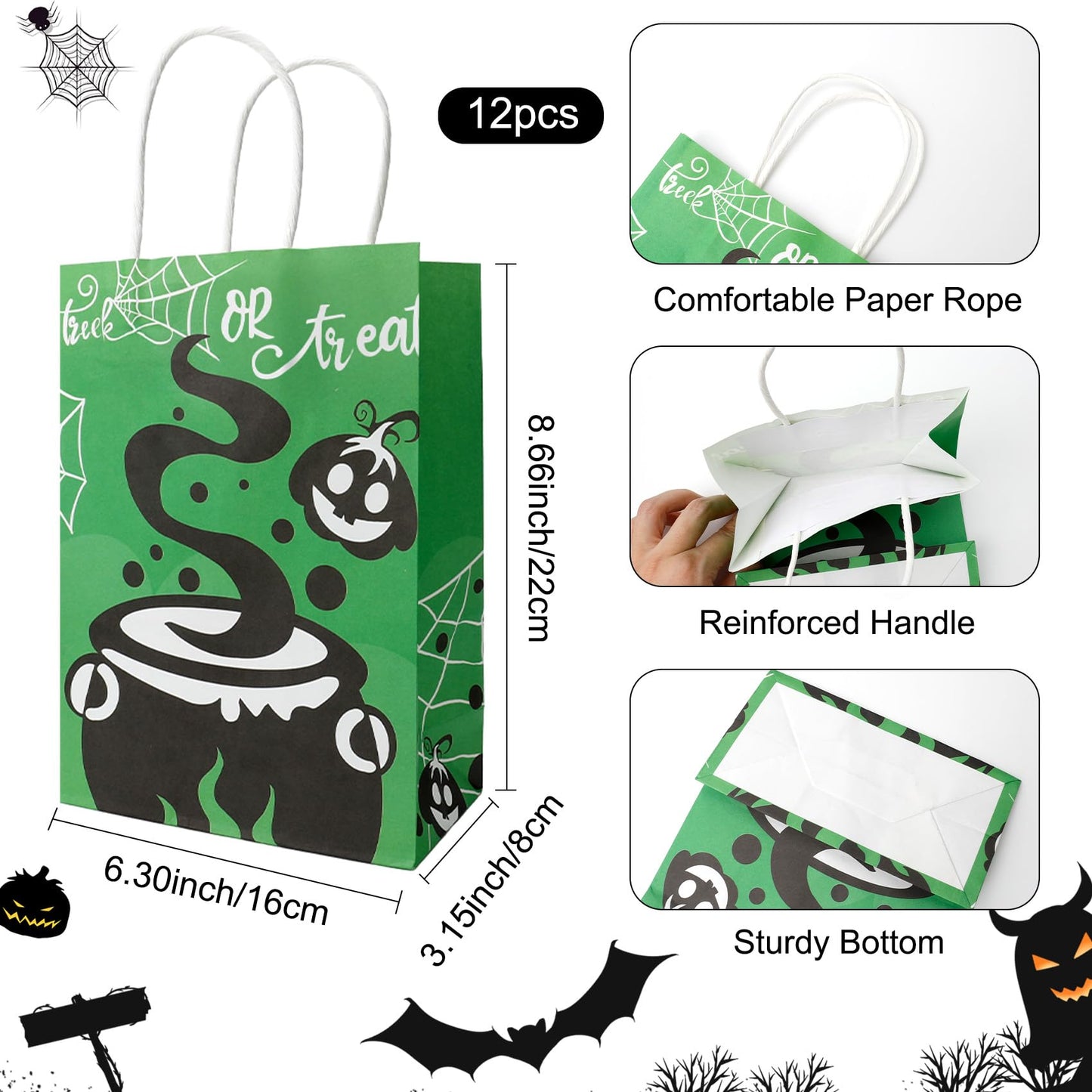 12 PCS Halloween Bags with Handles, 6 Styles Halloween Paper Bags for Gift Candy Goodie Snacks Treat Cookie Wrap Party Favors Supplies Decorations Trick or Treat Horror theme Birthday Baggies Pouch
