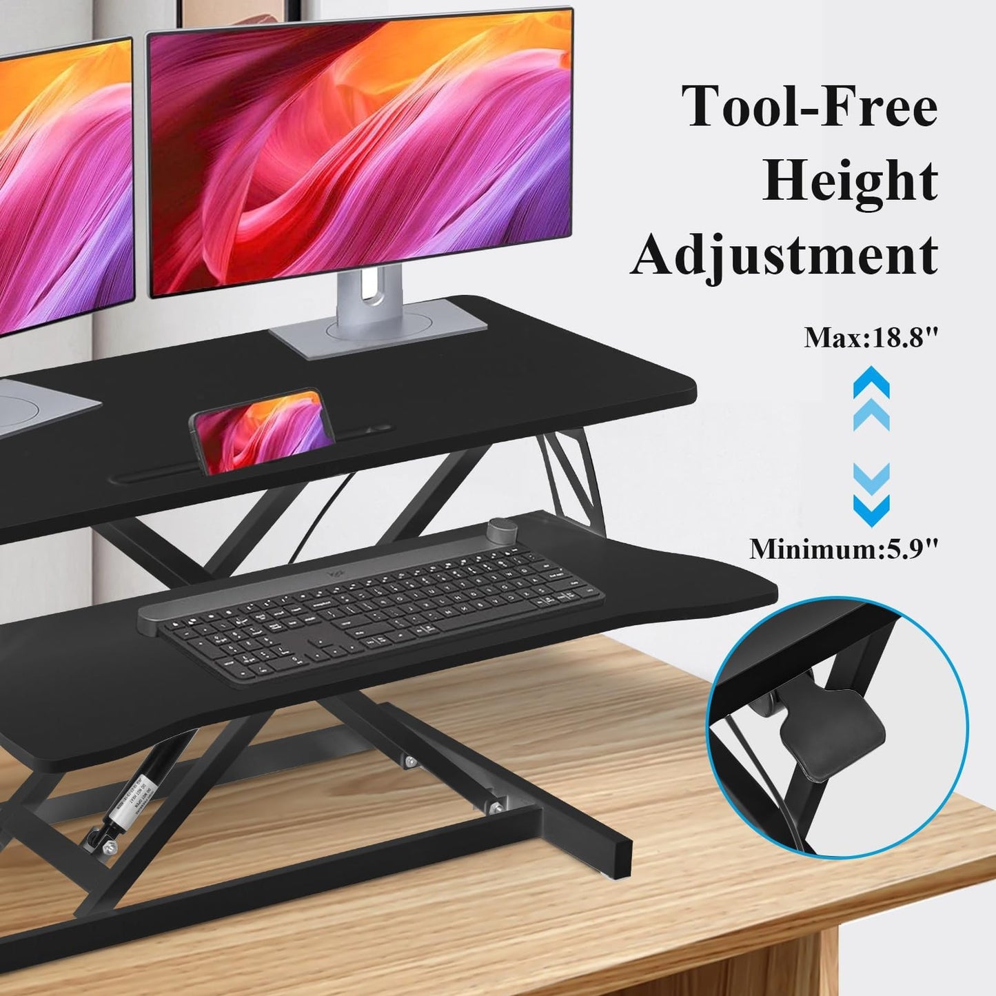 37 Inch Standing Desk Converter - Manual Pneumatic Spring, Two Monitor Stable Standing Desk Converter, 5.9” to 18.8” Height Adjustable Laptop Workstation with Keyboard Tray for Home, Company(Black)