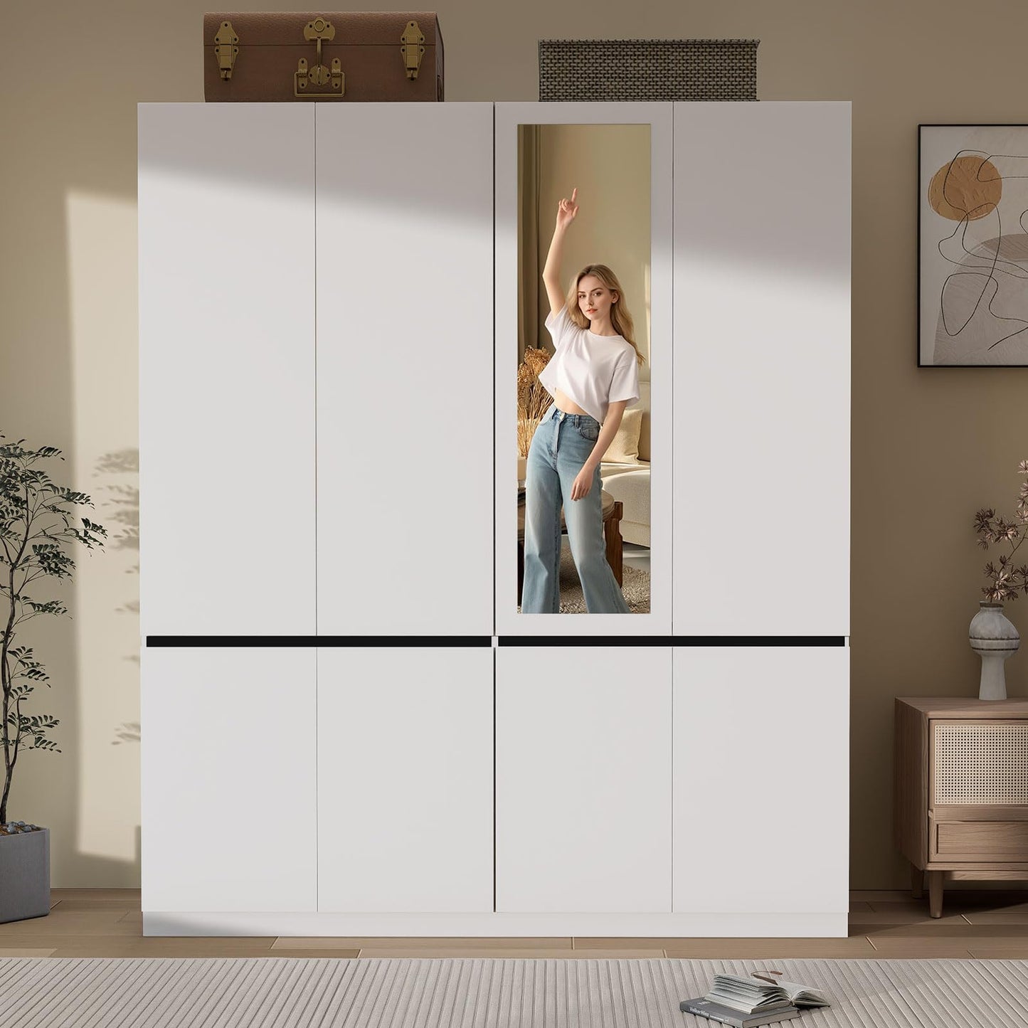 Wakefit 4 Doors Armoire Wardrobe Closet with Mirror, Wooden Bedroom Armoires with Hanging Rod, Freestanding Wardrobe Cabinet for Bedroom, Guest Room, White(20.47" D x 63" W x 74" H)