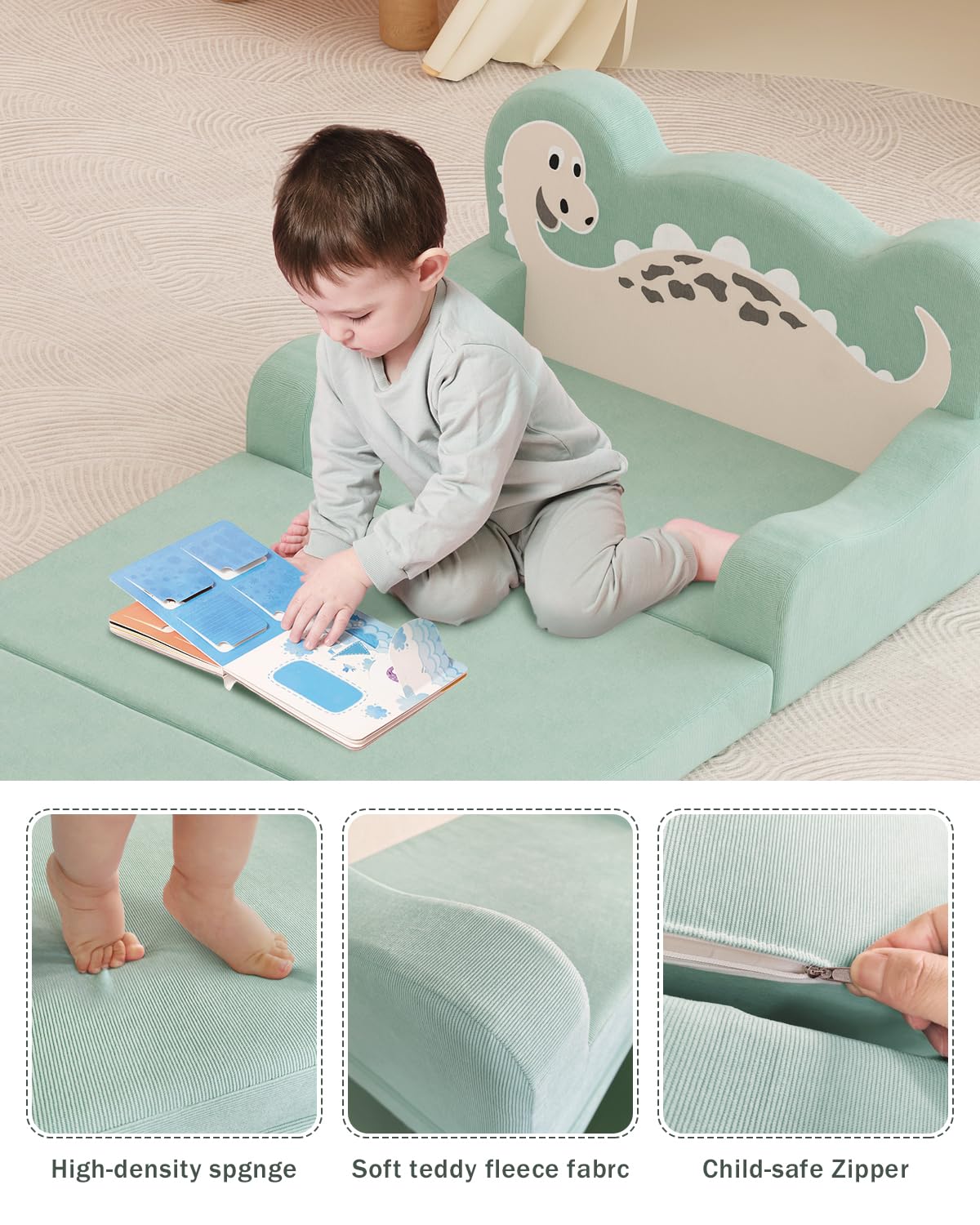 YACODAVO 2-in-1 Kids Couch Fold Out, Convertible Toddler Couch to Lounger, Toddler Chair Comfy, Kids Sofa for Girls and Boys, Gift for Birthday, Children's Day, Dinosaur Green