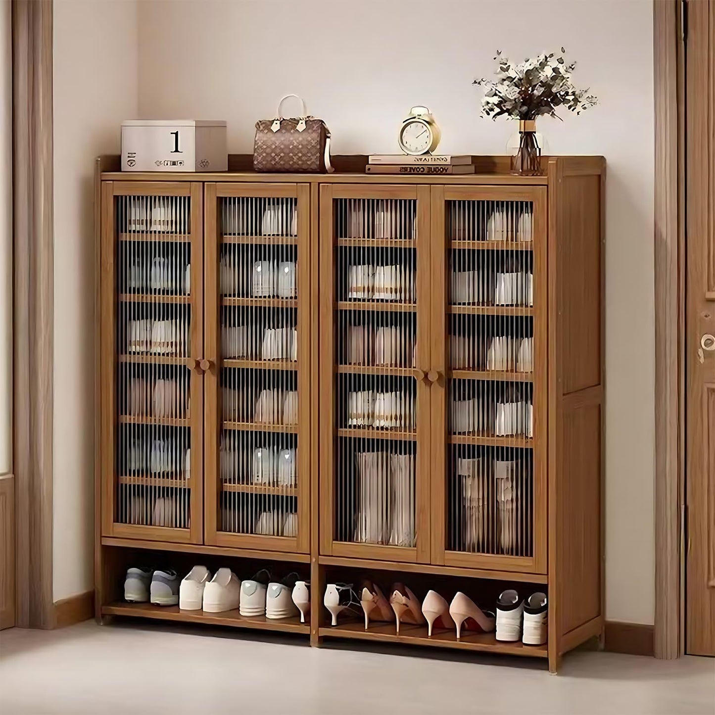 8 Tier Bamboo Shoe Cabinet, Shoe Storage Cabinet with Doors, 40 Pairs Shoe Organizer with Shelves, Freestanding Shoe Rack for Entryway, Hallway, Closet Living Room (Brown)