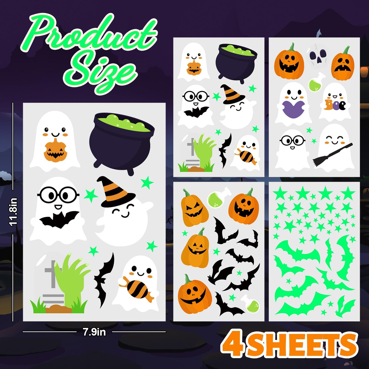 Whaline Halloween Glow in The Dark Window Cling Stickers Ghost Pumpkin Bats Window Decals Cute Cartoon Decoration for Halloween Party Home Classroom Wall, 4 Sheets