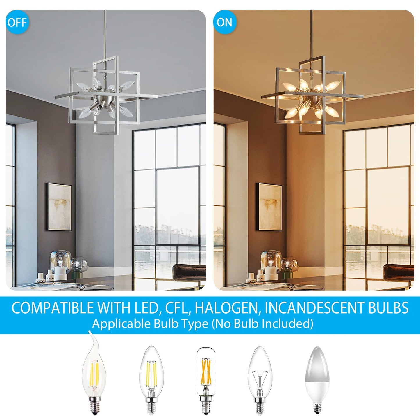 XINGQI Modern Chandelier 8-Light Brushed Nickel Geometric Pendant Lighting Farmhouse Ceiling Light Fixtures for Dining Room Living Room Kitchen Island Bedroom Hallway