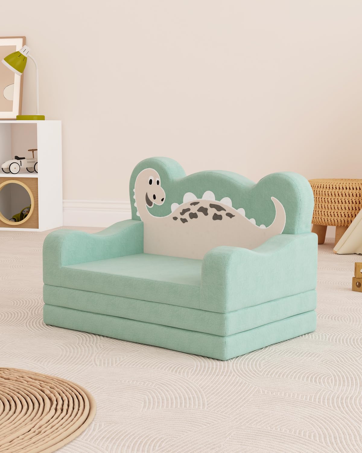 YACODAVO 2-in-1 Kids Couch Fold Out, Convertible Toddler Couch to Lounger, Toddler Chair Comfy, Kids Sofa for Girls and Boys, Gift for Birthday, Children's Day, Dinosaur Green