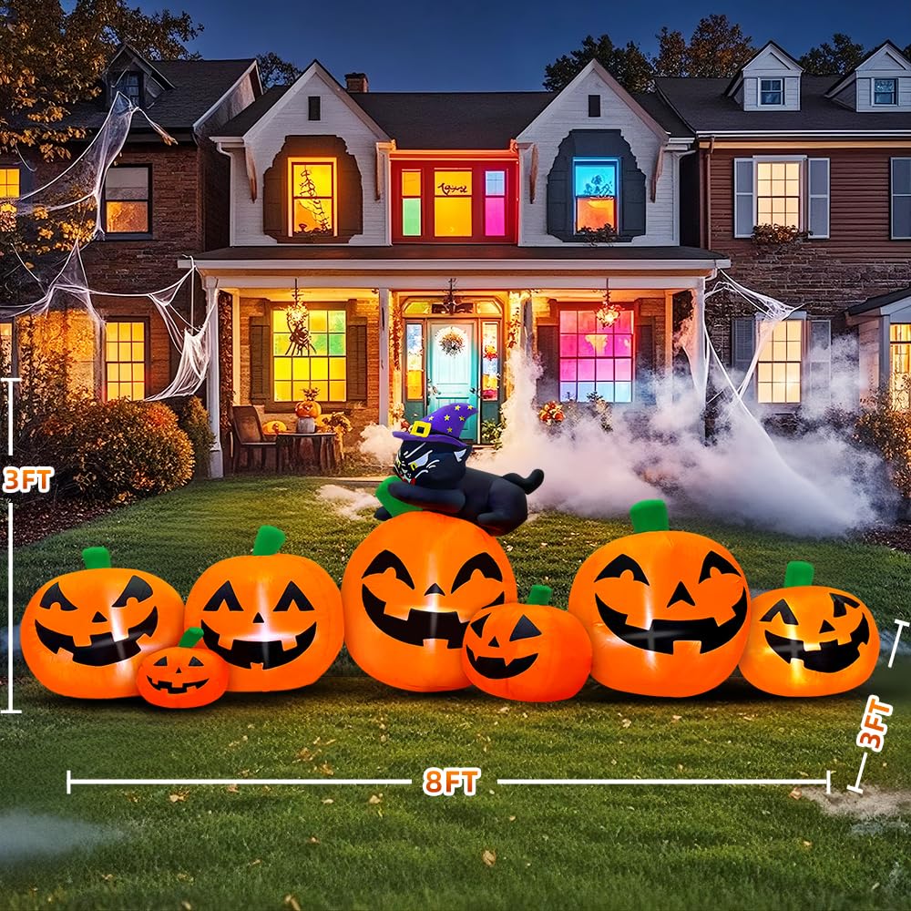 8FT Halloween Inflatables Pumpkin Decorations with Black Cat Decoration Led Light Inflatable Outdoor Decorations Blow up Inflatables for Halloween Holiday Party Lawn Yard Garden Decor