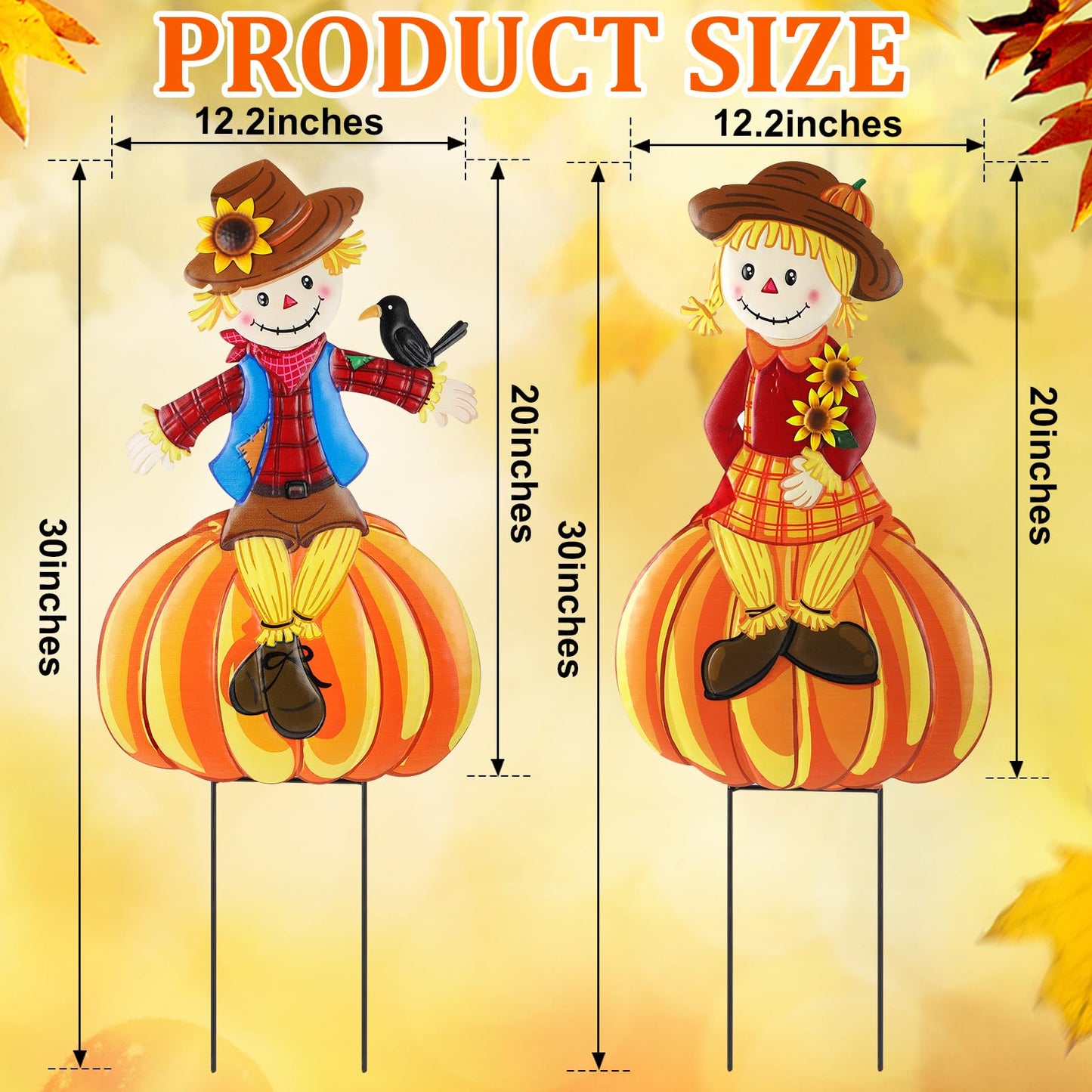 2 Pcs Fall Yard Signs Scarecrow Decorations Outdoor, 30"H Metal Thanksgiving Fall Yard Stakes Scarecrow Lawn Decor, Fall Garden Stakes for Patio Pathway Autumn Harvest Outside Decorations (Sitting)