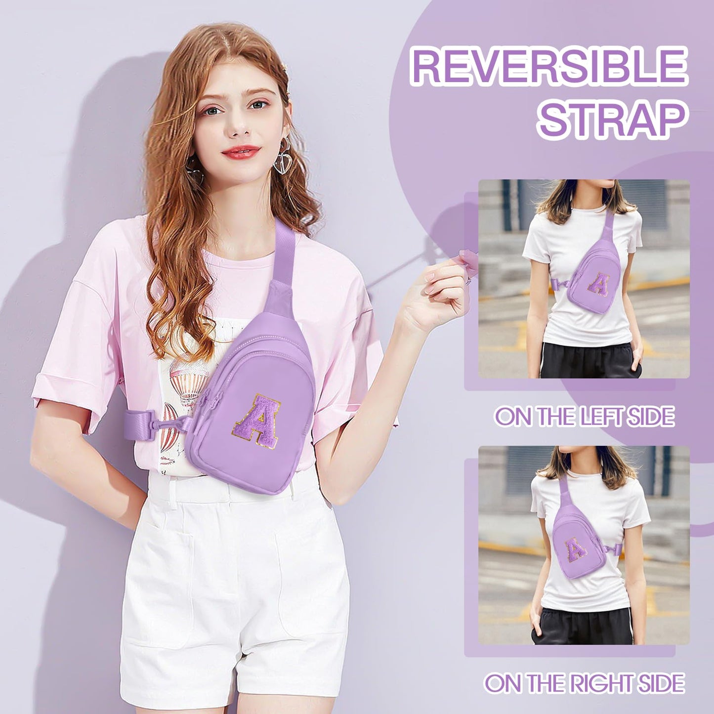 Viverte Small Initial Sling Bag Crossbody Bag Fanny Pack for Girls Women Personalized Monogrammed Birthday Gifts for 8 9 10 11 12 Year Old Girl Trendy Preppy Cool Stuff (Lavender-A)