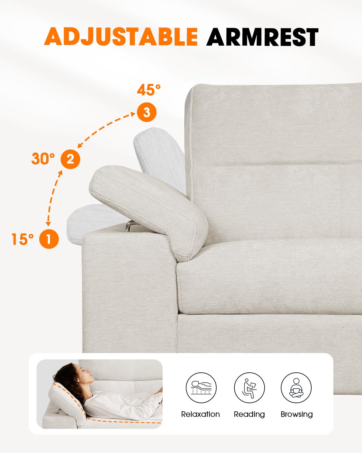 88.97" Modern Couches for Living Room, Deep Seat Sofa with 8”Cushion, Comfy 2-Seater Chenille Loveseat Sofa with Convertible Armrest, Removable Sofa Cover, High Leg (Beige)