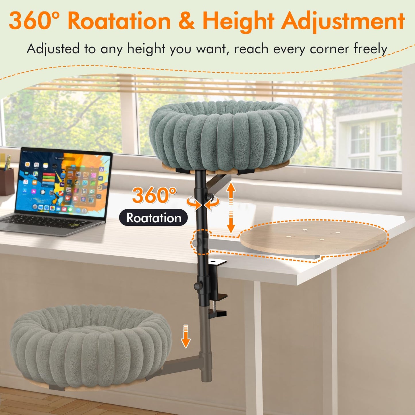 XiaZ Cat Desk Bed Elevated Cat Desk Perch Rotating & Adjustable Desk Mounted Nest, Perfect Cats Table Beds for Working from Home/Office, Dual Mounting Options Desk Top/Under Desk