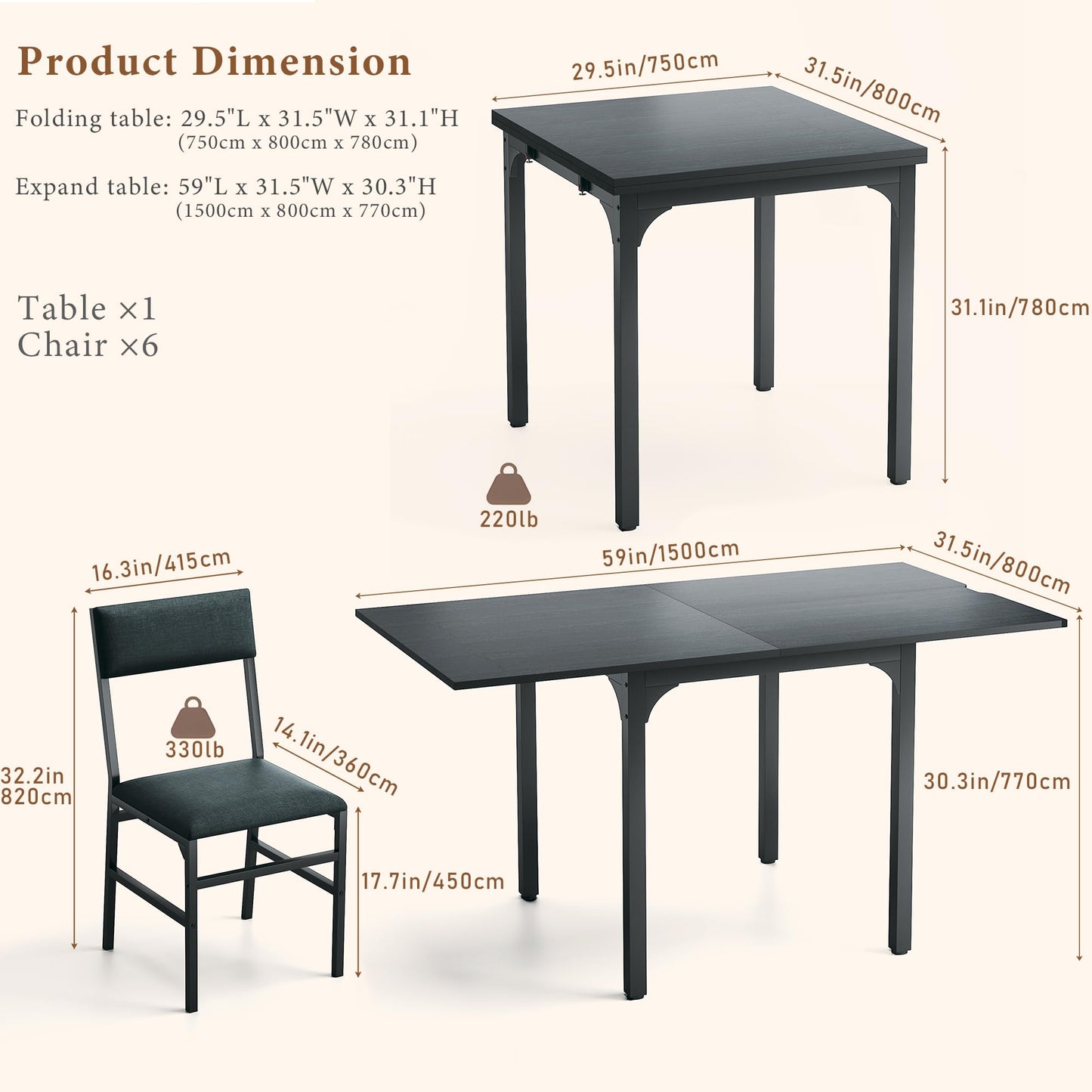 7-Piece Dining Table Set for 4-6, Extendable Kitchen Table Cushion Chairs Set of 6 with 6 Chairs, Rectangle Dining Table with Metal Frame & MDF Board, Folding for Small Apartment Saving Space, Black