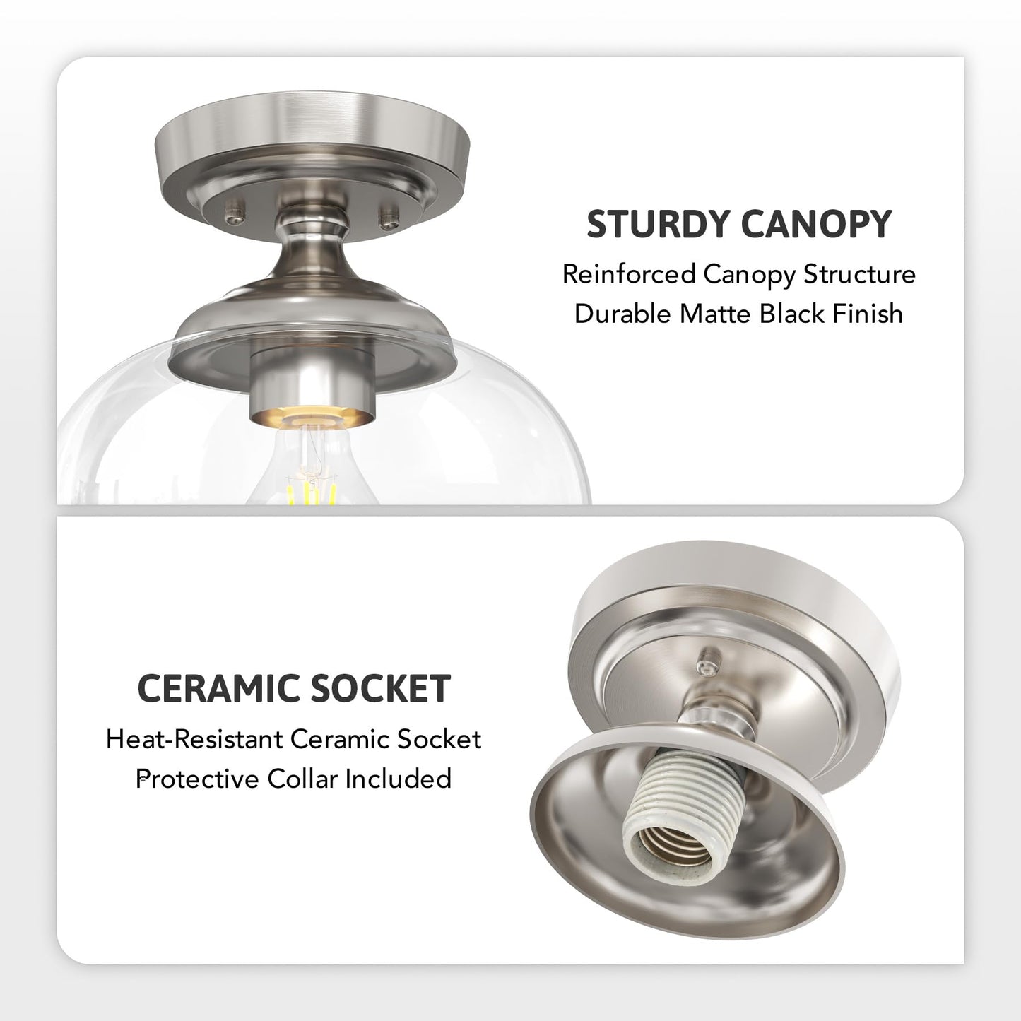 VONLUCE Industrial Semi Flush Mount Ceiling Light, 8.3" Ceiling Light Fixture with Clear Glass Shade, Farmhouse Lighting for Hallway Kitchen Bedroom Entryway, Brushed Nickel Flush Mount Light Fixture
