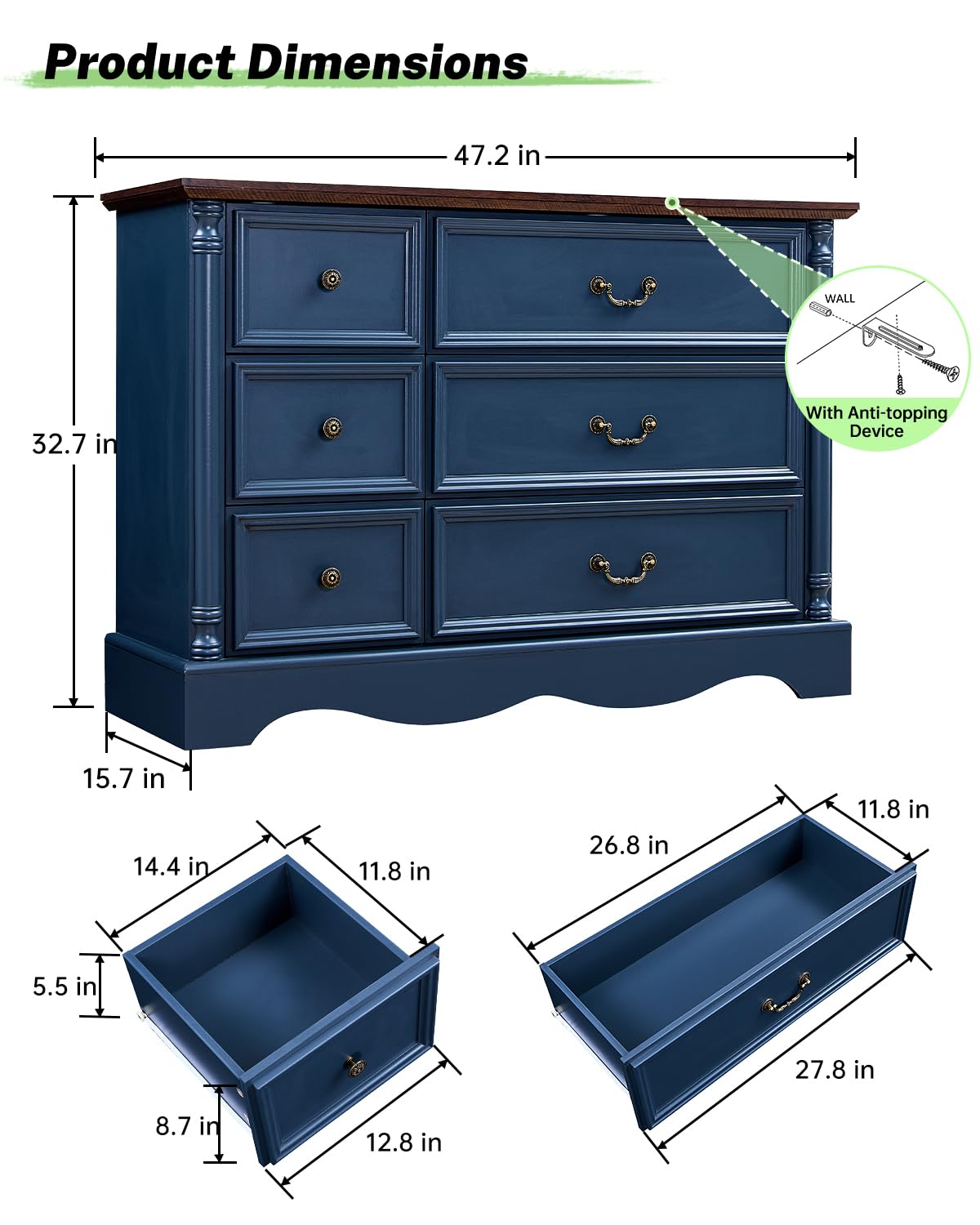 6 Drawers Dresser, Farmhouse Chest of Drawers with Charging Station, Refined Blue Finish Design, Modern Storage Dressers Organizer TV Stand for Bedroom, Living Room, Hallway, Indigo Blue