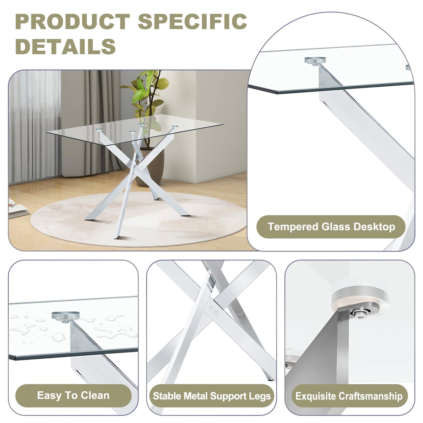 51.18" W Glass Dining Table Set for 4, Modern Rectangular Glass Kitchen Table with Sliver Metal Legs, 4 PU Leather Chairs with Silver Legs, for Dining Room, Home - White