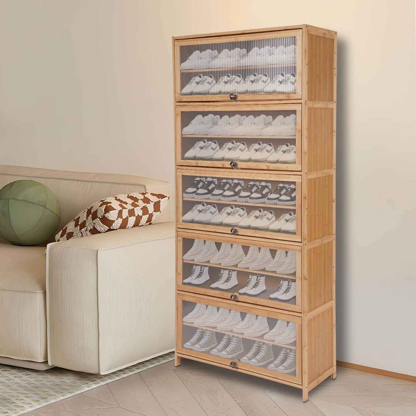 Weglae 10 Tiers Shoe Storage Cabinet,Bamboo Shoes Shelf Organizer,Shoe Rack with Transparent Acrylic Cabinet Door,Free Standing Shoes Shelf for Entryway Bedroom,31.5 * 12.6in,Brown (Brown)