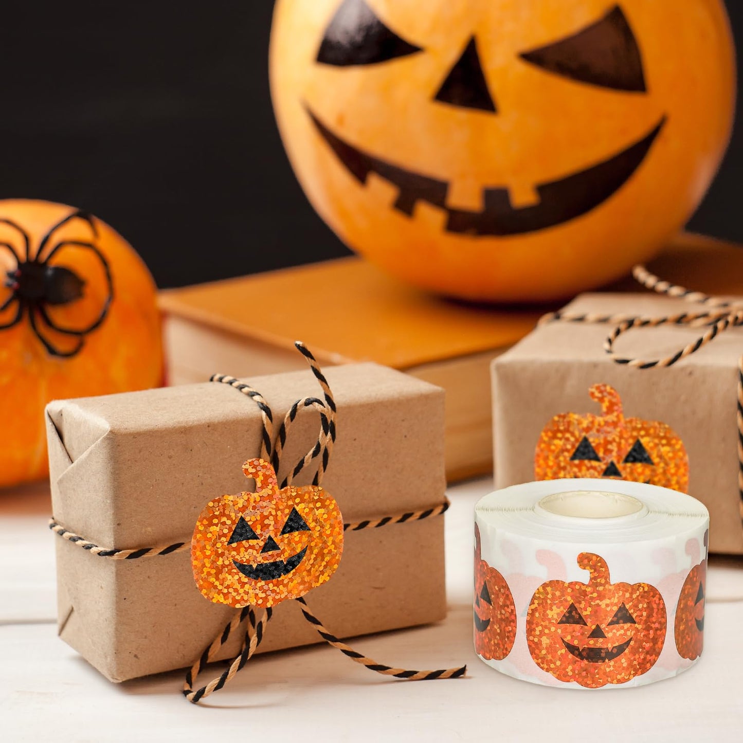 Whaline Halloween Pumpkin Stickers Roll Laser Pumpkin Shape Waterproof Decals Orange Sparkly Self-Adhesive Stickers for Halloween Party Envelope Scrapbook Decor, 500Pcs