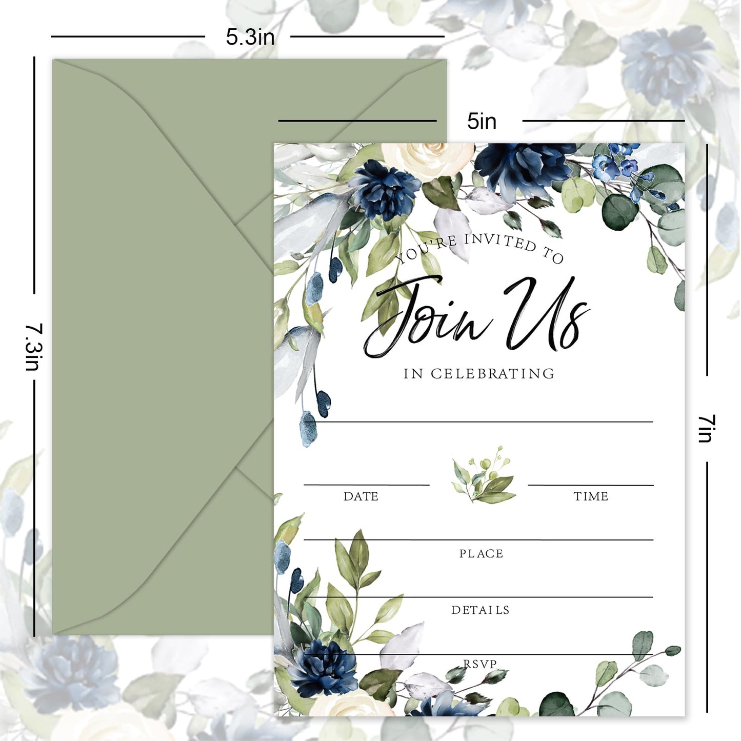 Whaline 25 Sets Floral Invitations with Envelopes Stickers Watercolor Blue Flower Invitation Cards Blank Invites for Wedding Reception Bridal Baby Shower Birthday Dinner Party, 5 x 7 Inch