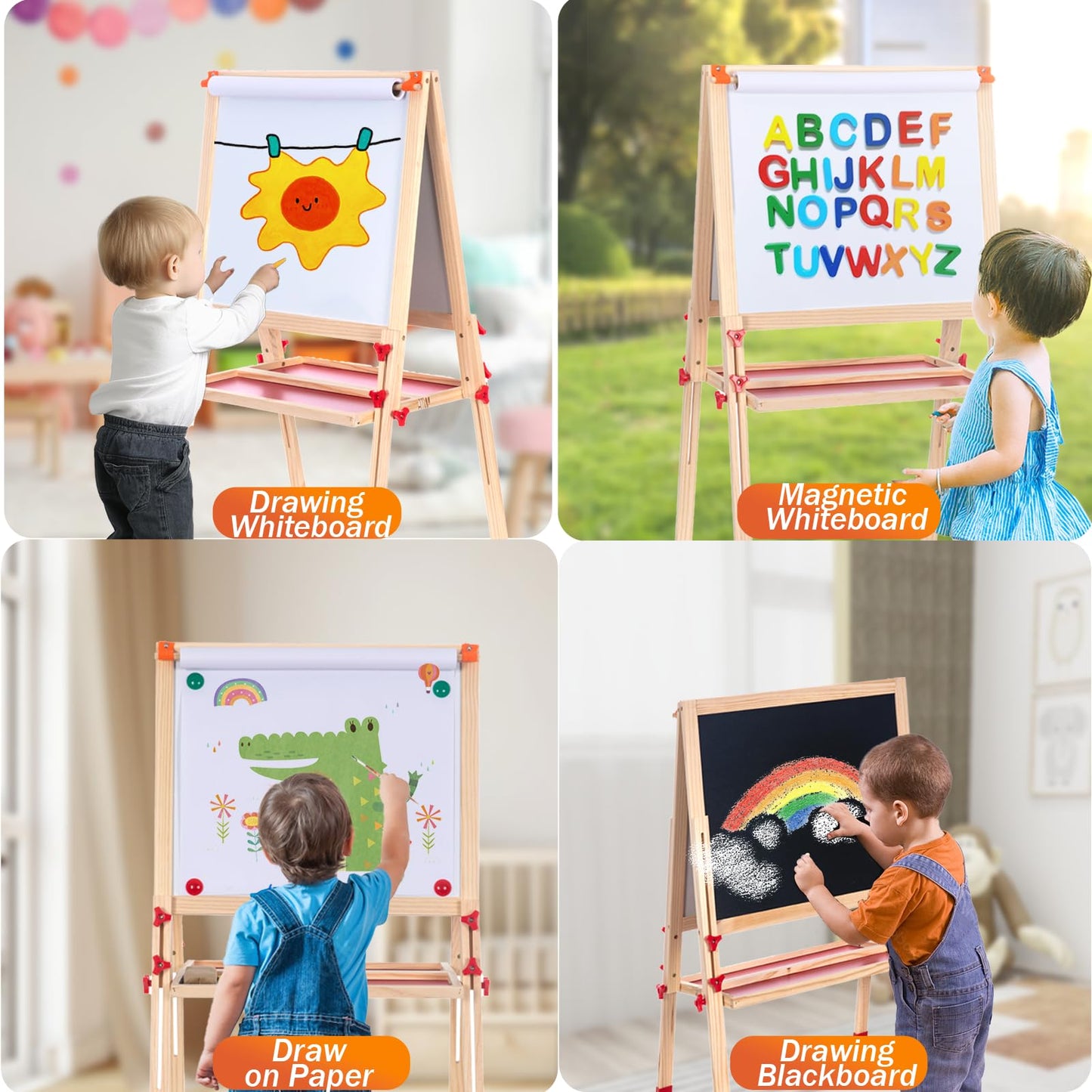 Wooden Adjustable Easel for Kids,Quick-Fold Kids Easel with Paper Roll&Accessories, Double Sided Painting Easels for Toddlers 3,4,5,6,7,8,9,10 Years,Perfect Painting Gifts&Supplies for Boys&Girls