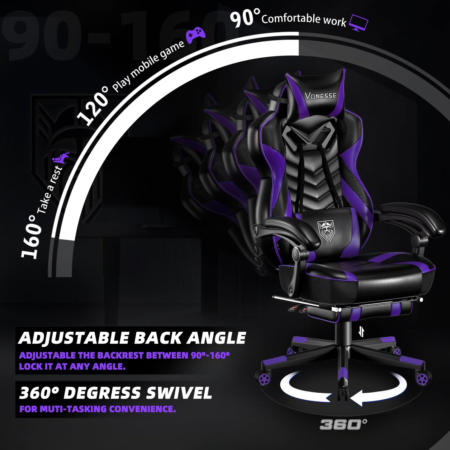 Vonesse Gaming Chair for Adults,Computer Chair with High Back,Big and Tall Gaming Chairs with Footrest and Massage,Reclining Gamer Chair(Purple/Black)