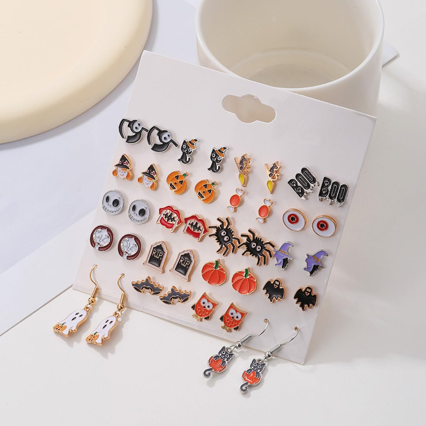 2025 pack of 20 pairs Halloween Earrings for Women Funny Costume Accessories Pumpkin Spider Ghost Boo Bulk Earrings Set for All Saint's Day Jewelry for Her-20 pairs Earrings