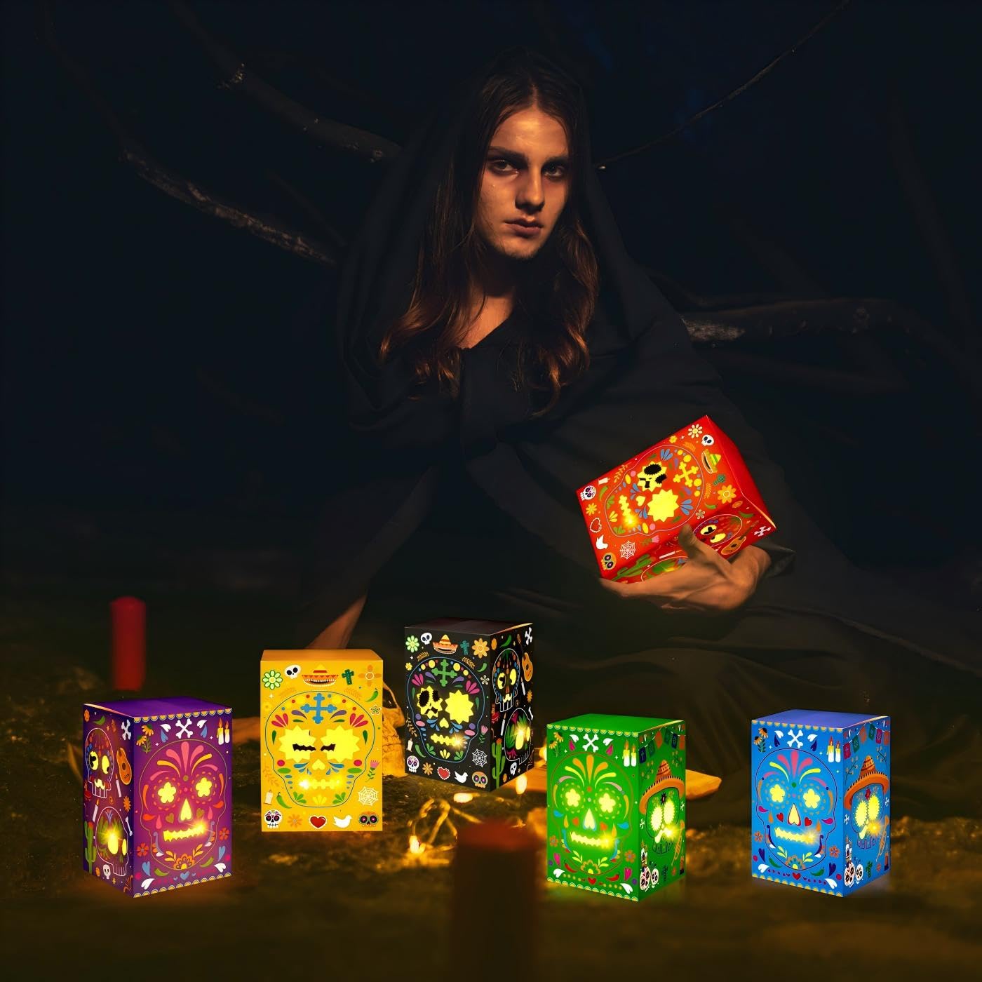 36PCS Day of The Dead Decorations Sugar Skull Candles Holders Boxes Dia De Los Muertos Altar Ofrenda Decorative Paper Box Decor, 6 Styles