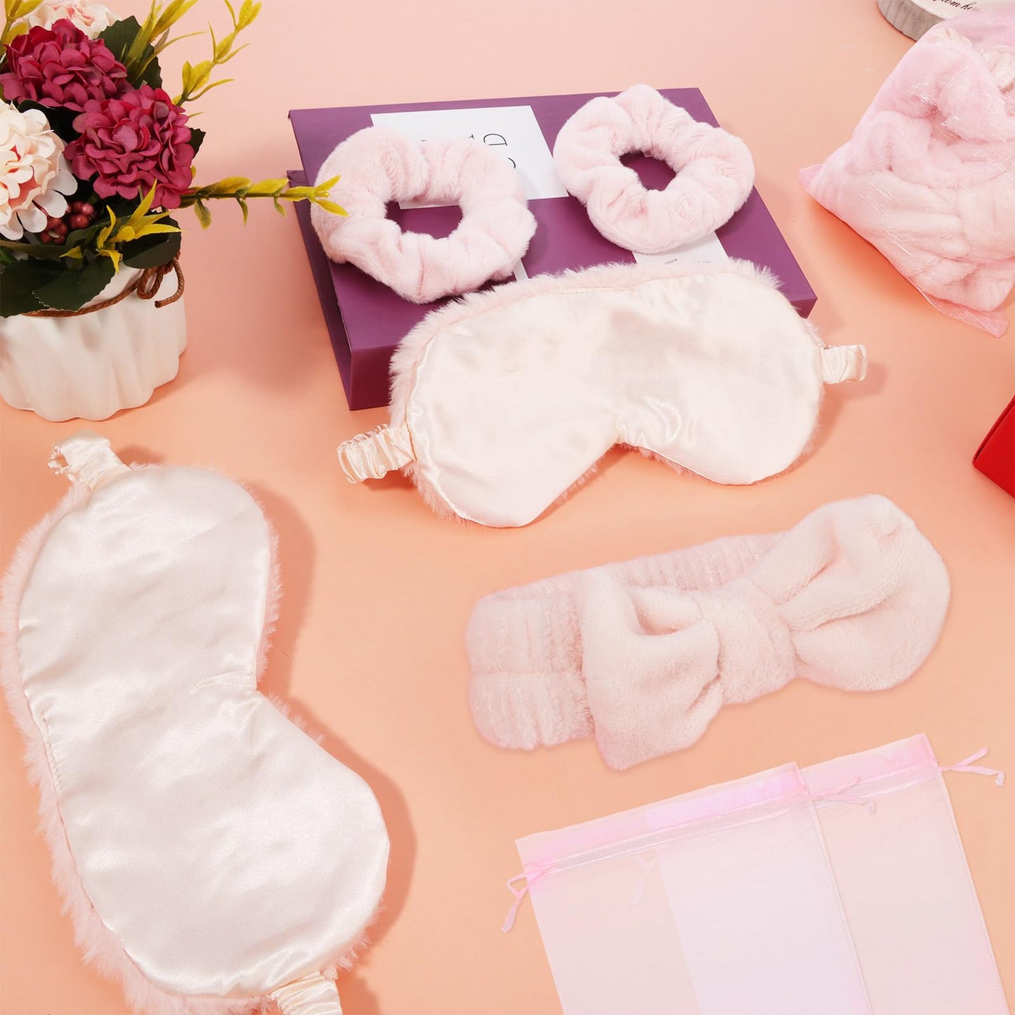 48 Set Girls' Spa Sleepover Party Supplies - 12 Pink Headbands, Sleep Eye Masks, Velvet Hair Scrunchies & Organizer Bags
