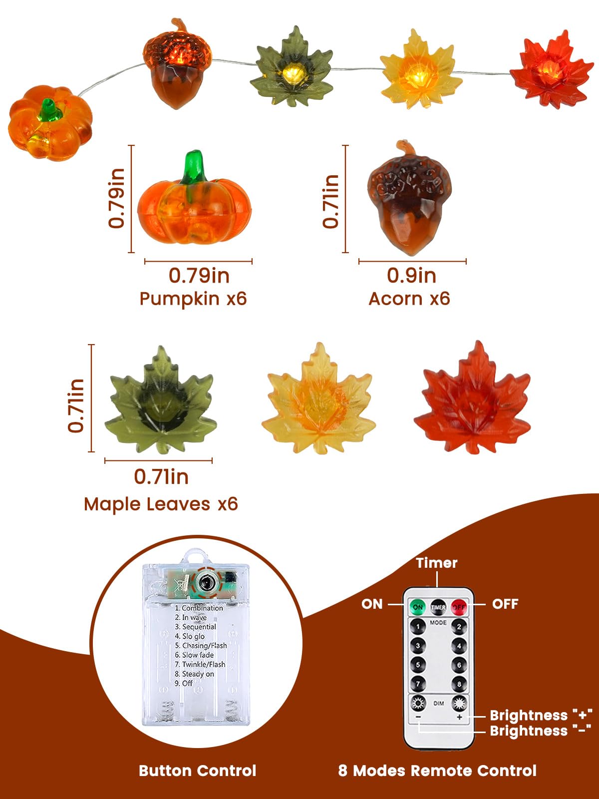 2 Pack 60LED Fall Decoration 3D Pumpkin Acorn Maple Leaf String Light Battery Operated, 20FT Fall Lights with Remote, Waterproof 8 Modes Fairy Lights for Autumn Harvest Thanksgiving Halloween Decor