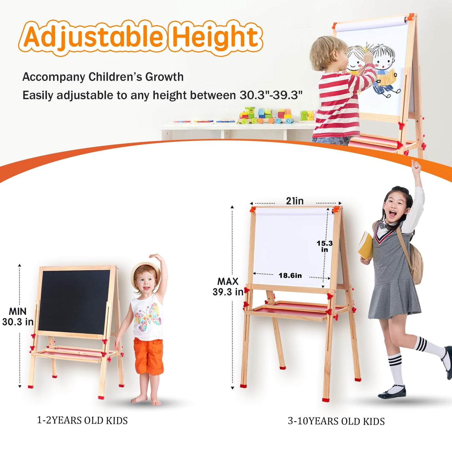 Wooden Adjustable Easel for Kids,Quick-Fold Kids Easel with Paper Roll&Accessories, Double Sided Painting Easels for Toddlers 3,4,5,6,7,8,9,10 Years,Perfect Painting Gifts&Supplies for Boys&Girls