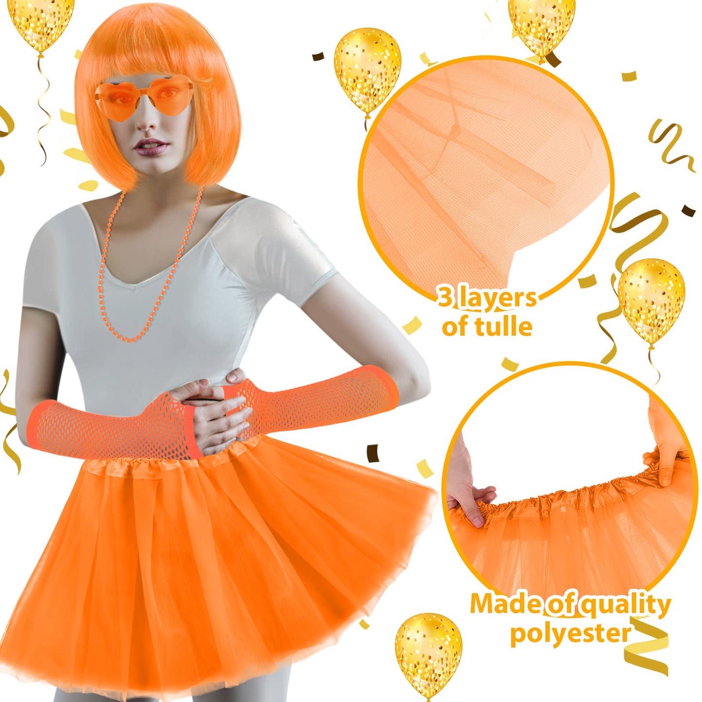80s Women Costume Accessories Set 6 Pcs Neon Tutu Bob Wig Leg Warmers Fishnet Gloves Necklace Sunglasses for 80s Party (Orange,One Size)
