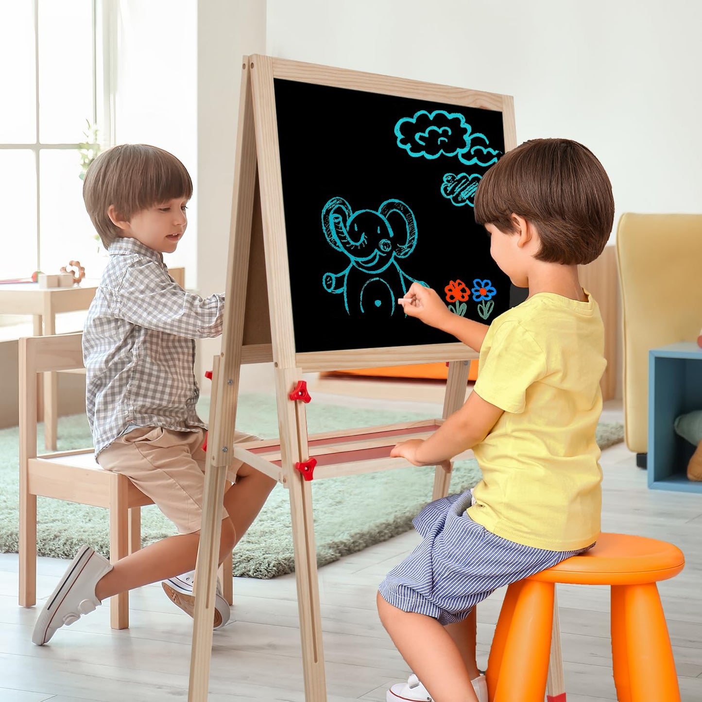Wooden Art Easel for Kids, Double Sided Foldable Easels for Toddlers 3,4,5,6,7,8,9,10 Years,Adjustable Standing Kids Easel with Accessories, Perfect Painting Gifts for Boys&Girls