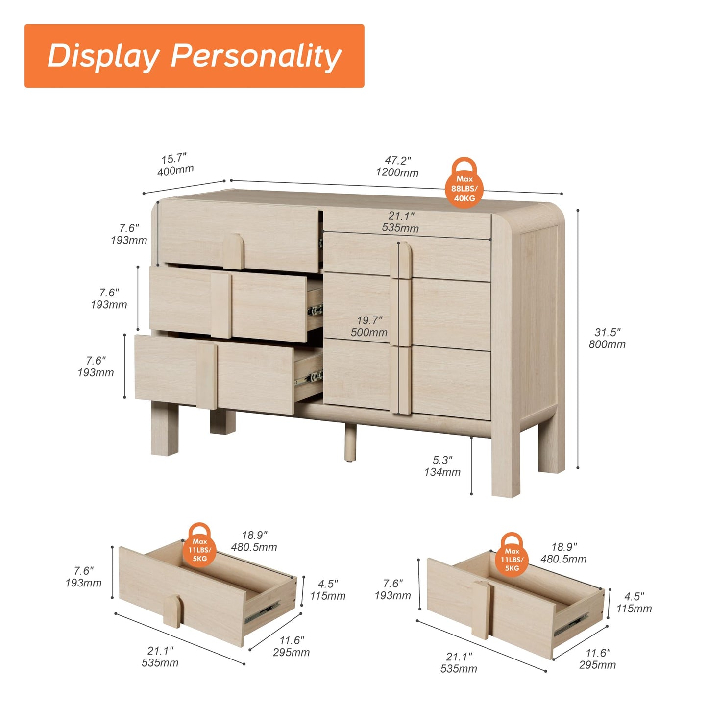 WAMPAT 6 Drawers Dresser for Bedroom, 47.2" Wide Mid Century Modern Chest of Drawers, Wooden Dressers TV Stand with Curved Profile Design, Storage Organizer for Bedroom, Closet, Hallway, Light Oak