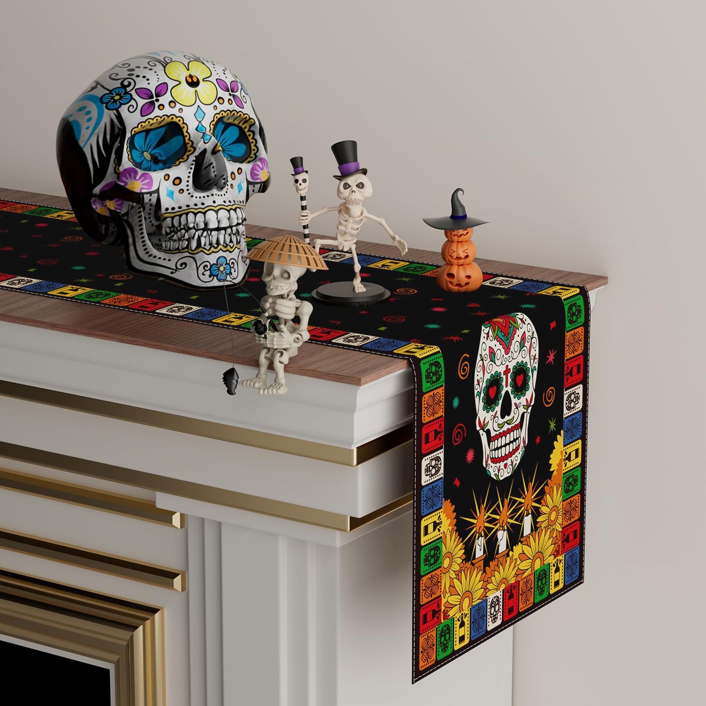 XCHI Sugar Skull Marigolds Floral Dia De Los Muertos Table Runner Candles Day of The Dead Mexican Table Decoration for Home Kitchen Dining Holiday Fiesta Themed Party Decor 13x72 Inch