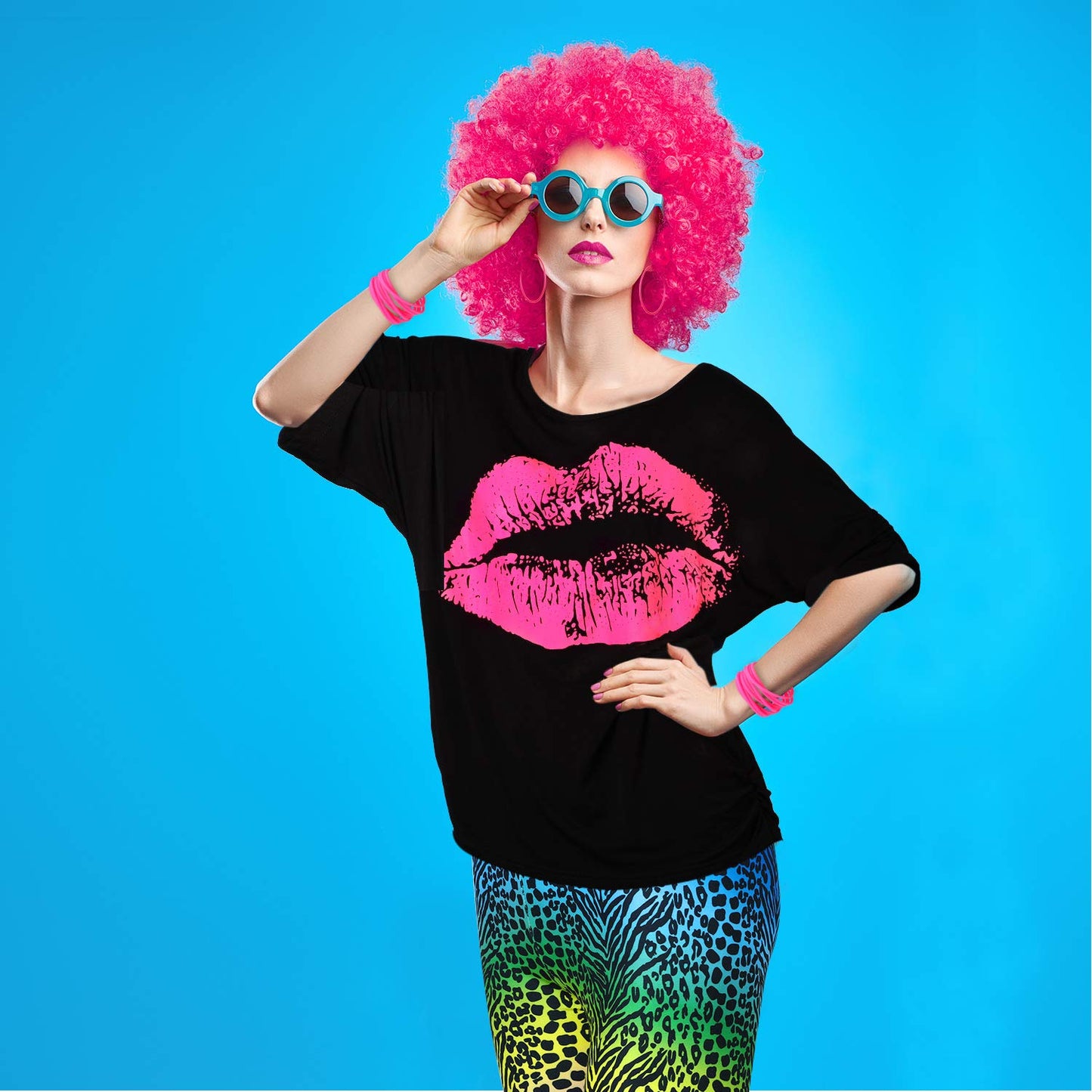 80s Costumes for Women, Lips Print T Shirt Lace Headband Earrings Necklace Bracelet for 80s Theme Party(Rose Red,L)
